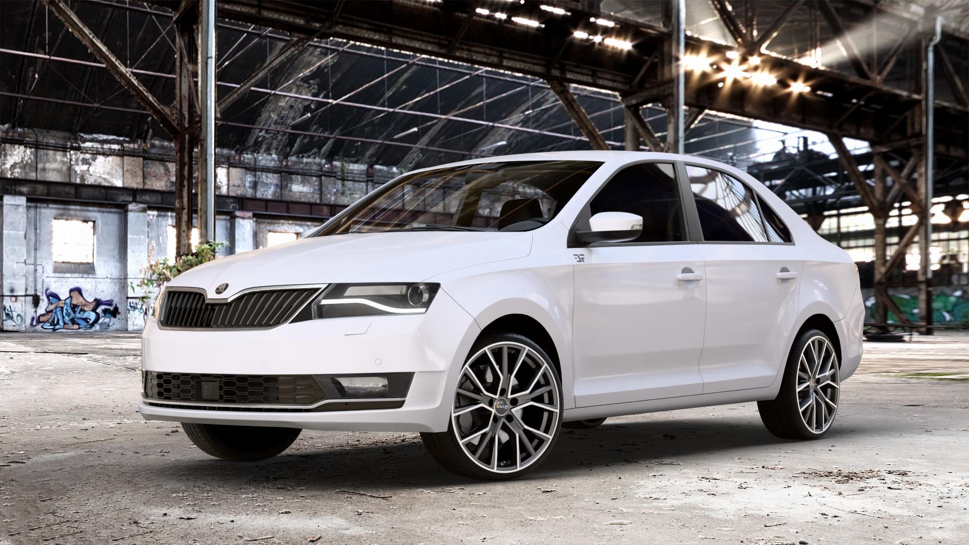 AVUS Racing AF18 MATT ANTHRACITE POLISHED Felge mit Reifen grau anthrazit in 18Zoll Alufelge auf weissem Skoda Rapid Typ NH Facelift ⬇️ mit 15mm Tieferlegung ⬇️ Old Industrial Hall_max_4400mm_2024 Frontansicht_1