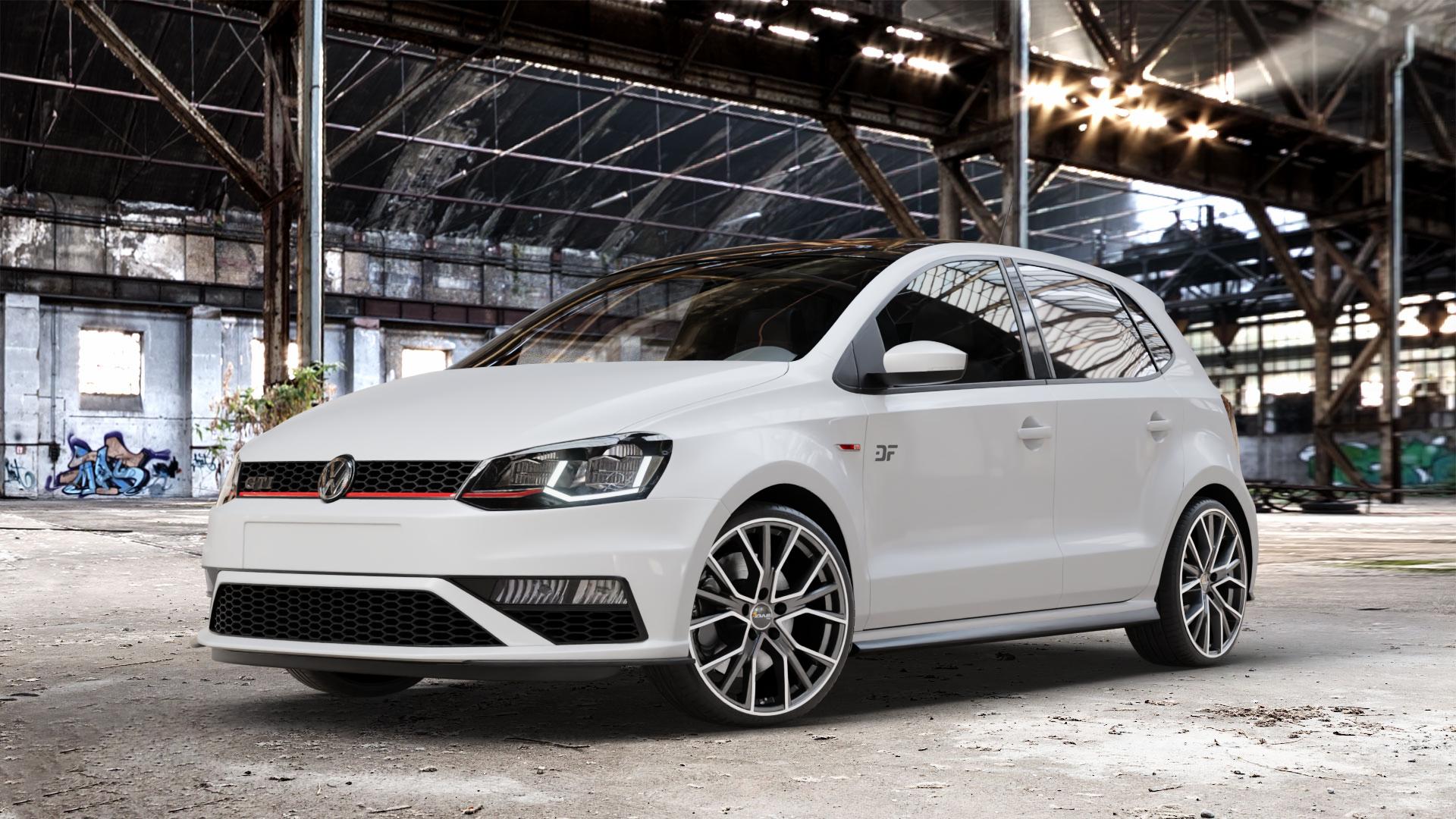 AVUS Racing AF18 MATT ANTHRACITE POLISHED Felge mit Reifen grau anthrazit in 18Zoll Alufelge auf weissem Volkswagen (VW) Polo V Typ 6C 1,8l GTI 141kW (192 PS) ⬇️ mit 15mm Tieferlegung ⬇️ Old Industrial Hall_max_4400mm_2024 Frontansicht_1