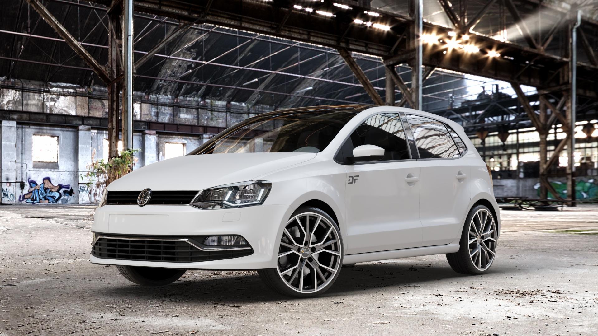 AVUS Racing AF18 MATT ANTHRACITE POLISHED Felge mit Reifen grau anthrazit in 18Zoll Alufelge auf weissem Volkswagen (VW) Polo V Typ 6C ⬇️ mit 15mm Tieferlegung ⬇️ Old Industrial Hall_max_4400mm_2024 Frontansicht_1