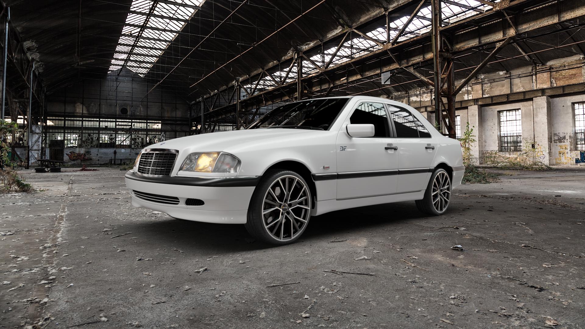 AVUS Racing AF18 MATT ANTHRACITE POLISHED Felge mit Reifen grau anthrazit in 19Zoll Alufelge auf weissem Mercedes C-Klasse Typ W202 Limousine ⬇️ mit 15mm Tieferlegung ⬇️ Old Industrial Hall_max5000mm_2022 Frontansicht_1