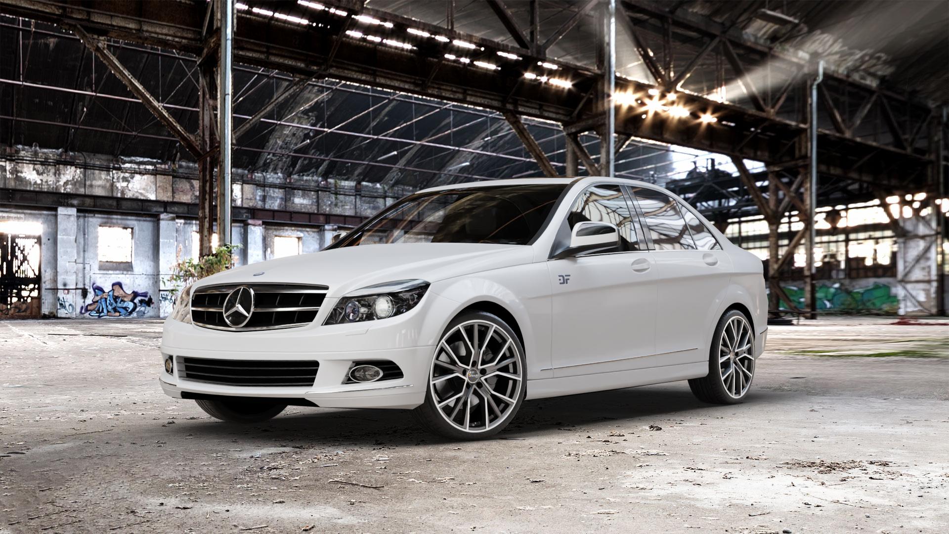 AVUS Racing AF18 MATT ANTHRACITE POLISHED Felge mit Reifen grau anthrazit in 19Zoll Alufelge auf weissem Mercedes C-Klasse Typ W204 Limousine ⬇️ mit 15mm Tieferlegung ⬇️ Old Industrial Hall_max_5300mm_2024 Frontansicht_1