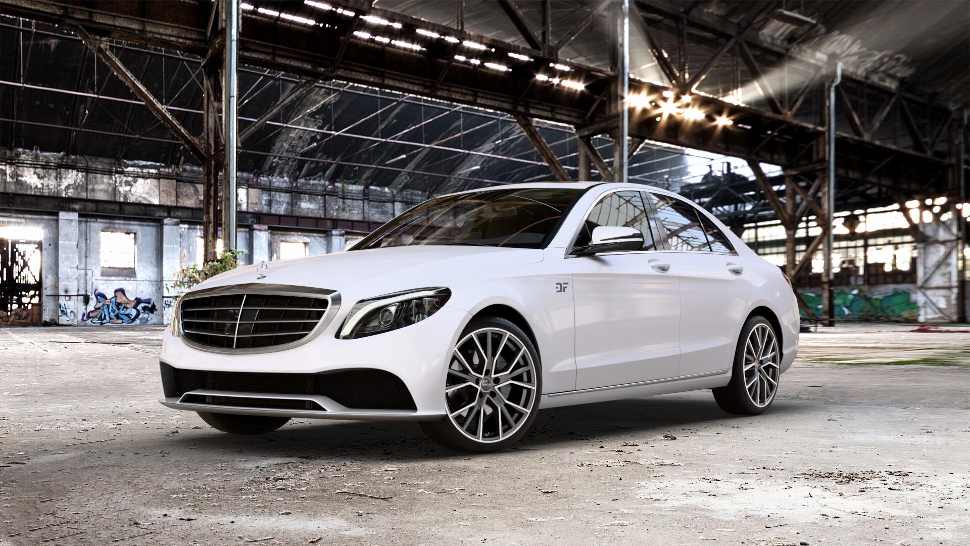 AVUS Racing AF18 MATT ANTHRACITE POLISHED Felge mit Reifen grau anthrazit in 19Zoll Alufelge auf weissem Mercedes C-Klasse Typ W205 Limousine Facelift ⬇️ mit 15mm Tieferlegung ⬇️ Old Industrial Hall_max_5300mm_2024 Frontansicht_1