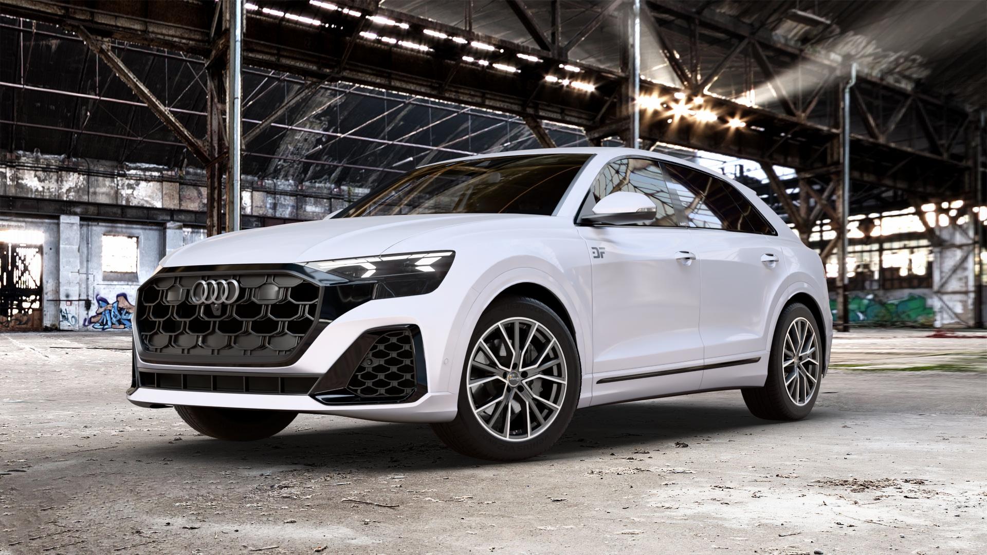 AVUS Racing AF18 MATT ANTHRACITE POLISHED Felge mit Reifen grau anthrazit in 20Zoll Alufelge auf weißem Audi Q8 Typ 4M (4L) Facelift ⬇️ mit 15mm Tieferlegung ⬇️ Old Industrial Hall_max_5300mm_2024 Frontansicht_1