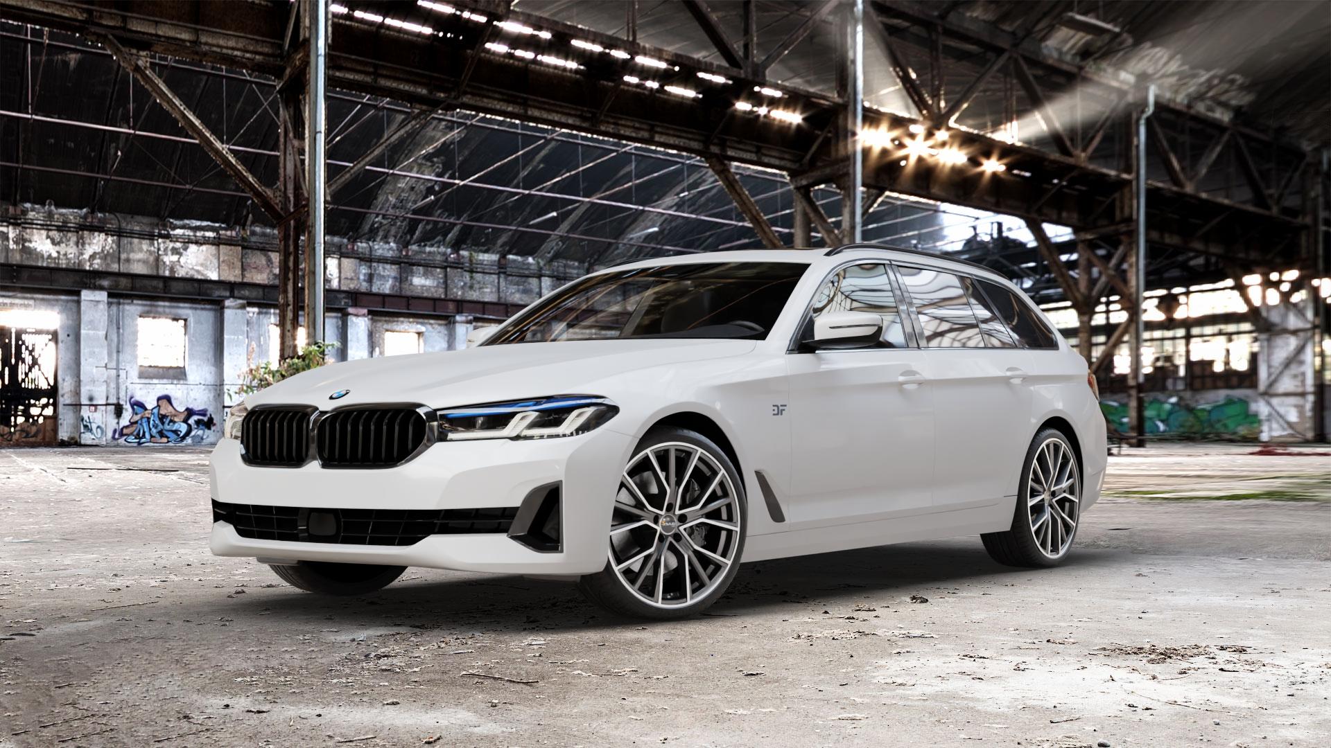 AVUS Racing AF18 MATT ANTHRACITE POLISHED Felge mit Reifen grau anthrazit in 20Zoll Alufelge auf weissem BMW 5er G31 Touring (G5K) Facelift ⬇️ mit 15mm Tieferlegung ⬇️ Old Industrial Hall_max_5300mm_2024 Frontansicht_1