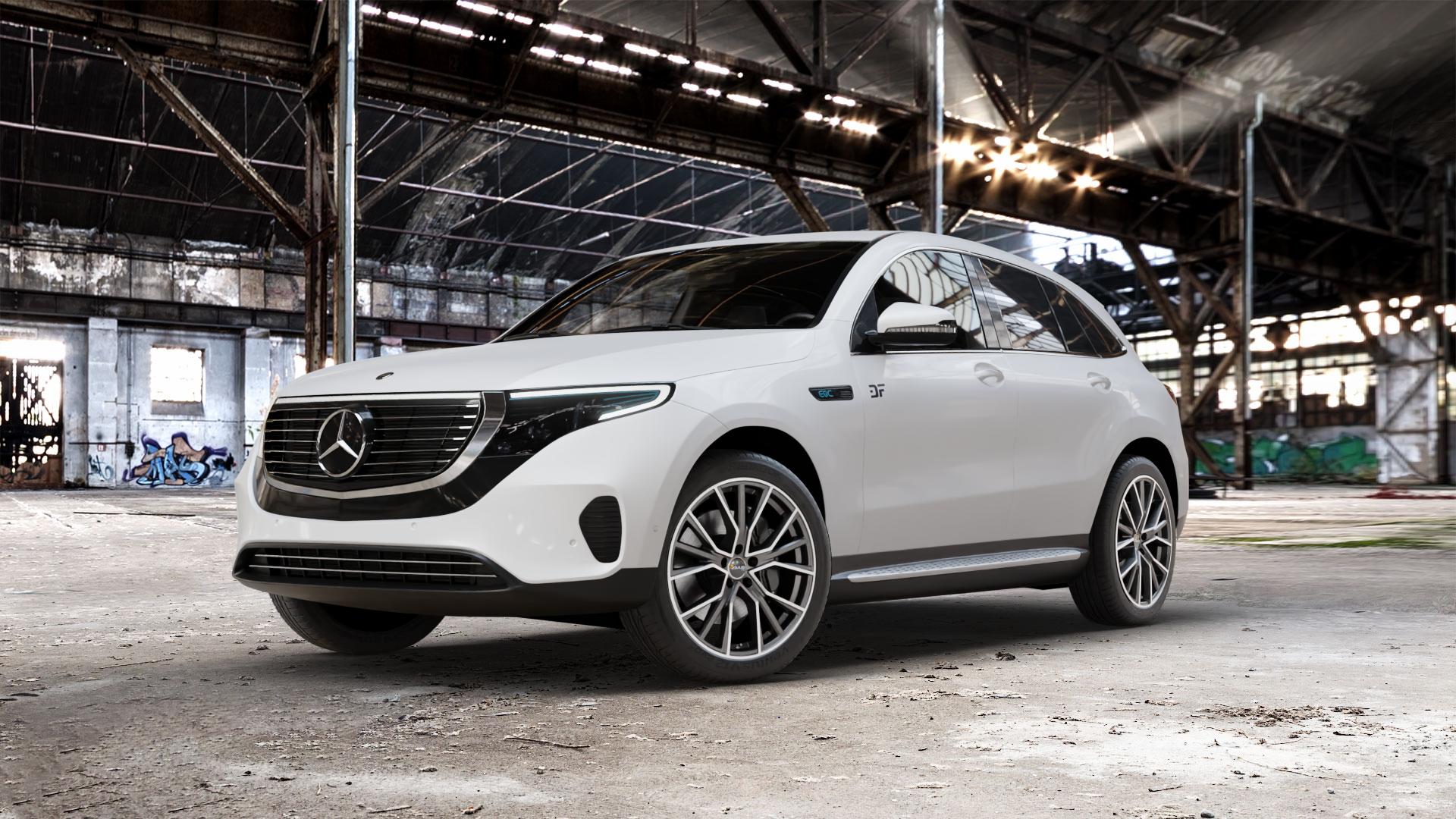 AVUS Racing AF18 MATT ANTHRACITE POLISHED Felge mit Reifen grau anthrazit in 20Zoll Alufelge auf weissem Mercedes EQC Typ N 293 (204 X) ⬇️ mit 15mm Tieferlegung ⬇️ Old Industrial Hall_max_5300mm_2024 Frontansicht_1