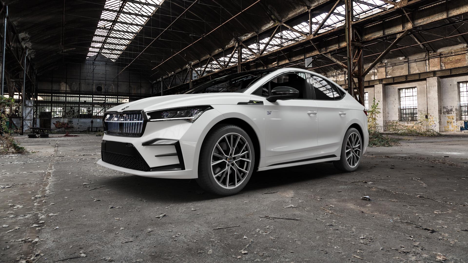 AVUS Racing AF18 MATT ANTHRACITE POLISHED Felge mit Reifen grau anthrazit in 20Zoll Alufelge auf weissem Skoda Enyaq Coupe iV Typ NY 0,0l 89kW 85 Coupé (121 PS) 77kW 85X (105 RS ⬇️ mit 15mm Tieferlegung ⬇️ Old Industrial Hall_max5000mm_2022 Frontansicht_1