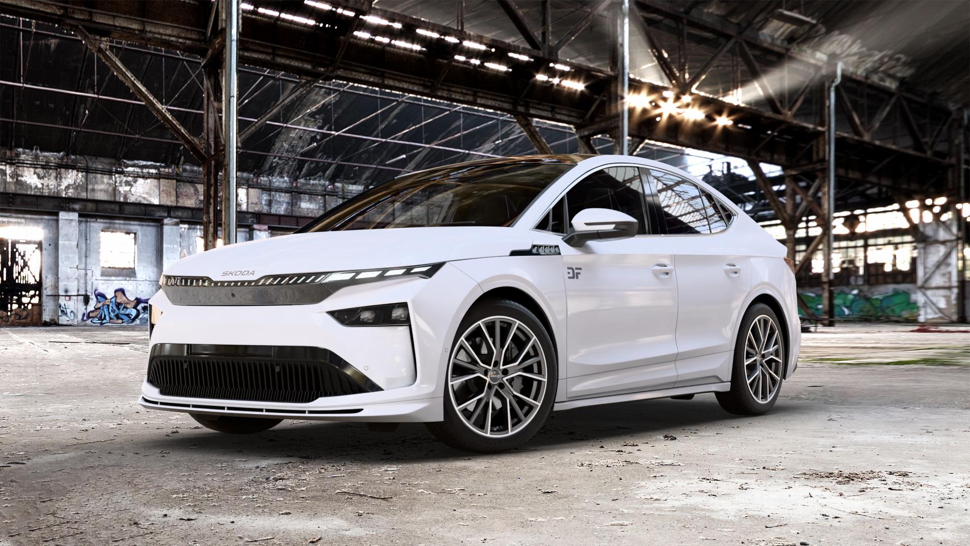 AVUS Racing AF18 MATT ANTHRACITE POLISHED Felge mit Reifen grau anthrazit in 20Zoll Alufelge auf weissem Skoda Enyaq Coupe iV Typ NY Facelift 0,0l 70kW 60 Coupé (95 PS) 89kW 85 (121 77kW 85X (105 ⬇️ mit 15mm Tieferlegung ⬇️ Old Industrial Hall_max_5300mm_2024 Frontansicht_1