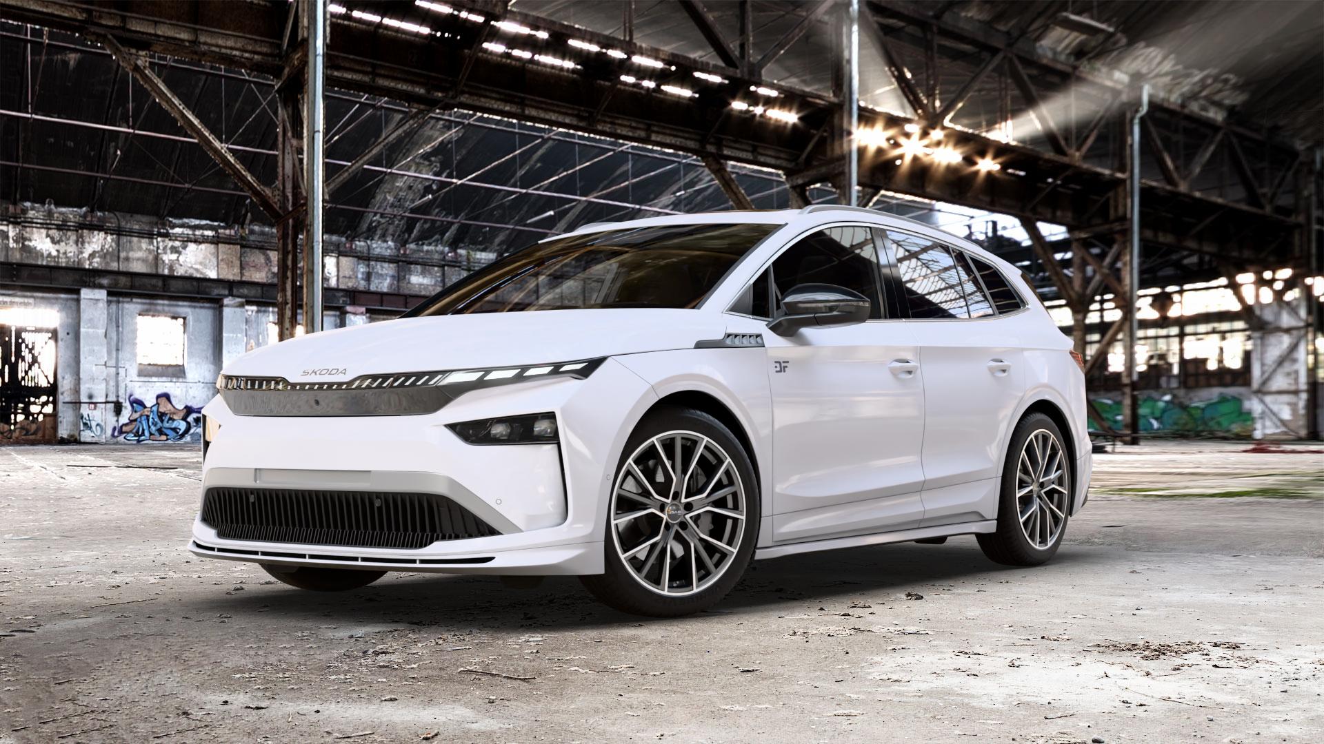 AVUS Racing AF18 MATT ANTHRACITE POLISHED Felge mit Reifen grau anthrazit in 20Zoll Alufelge auf weissem Skoda Enyaq iV Typ NY Facelift 0,0l 70kW 60 (95 PS) 89kW 85 (121 77kW 85X (105 ⬇️ mit 15mm Tieferlegung ⬇️ Old Industrial Hall_max_5300mm_2024 Frontansicht_1