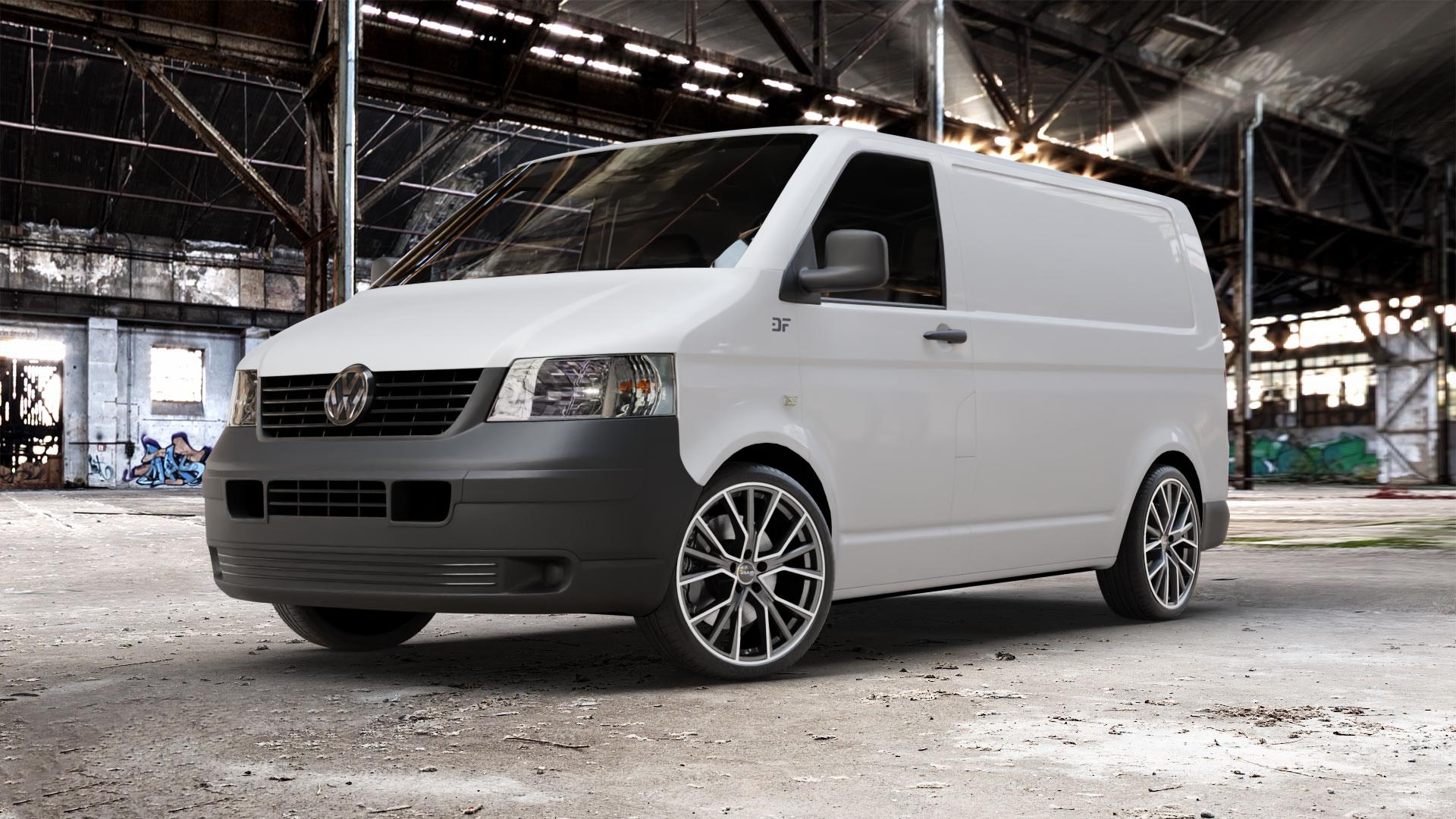 AVUS Racing AF18 MATT ANTHRACITE POLISHED Felge mit Reifen grau anthrazit in 20Zoll Alufelge auf weissem Volkswagen (VW) T5 Kastenwagen ⬇️ mit 15mm Tieferlegung ⬇️ Old Industrial Hall_max_5300mm_2024 Frontansicht_1
