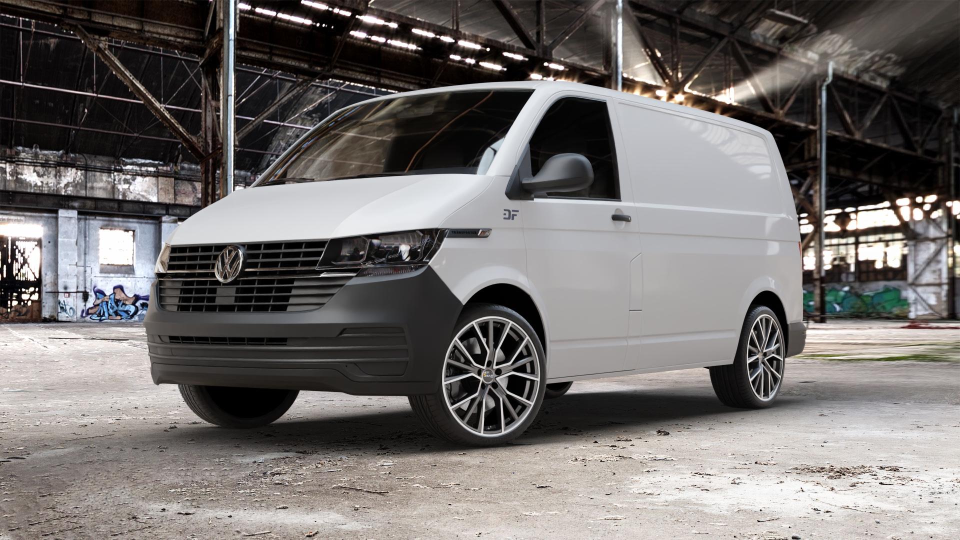 AVUS Racing AF18 MATT ANTHRACITE POLISHED Felge mit Reifen grau anthrazit in 20Zoll Alufelge auf weissem Volkswagen (VW) T6.1 Kastenwagen ⬇️ mit 15mm Tieferlegung ⬇️ Old Industrial Hall_max_5300mm_2024 Frontansicht_1