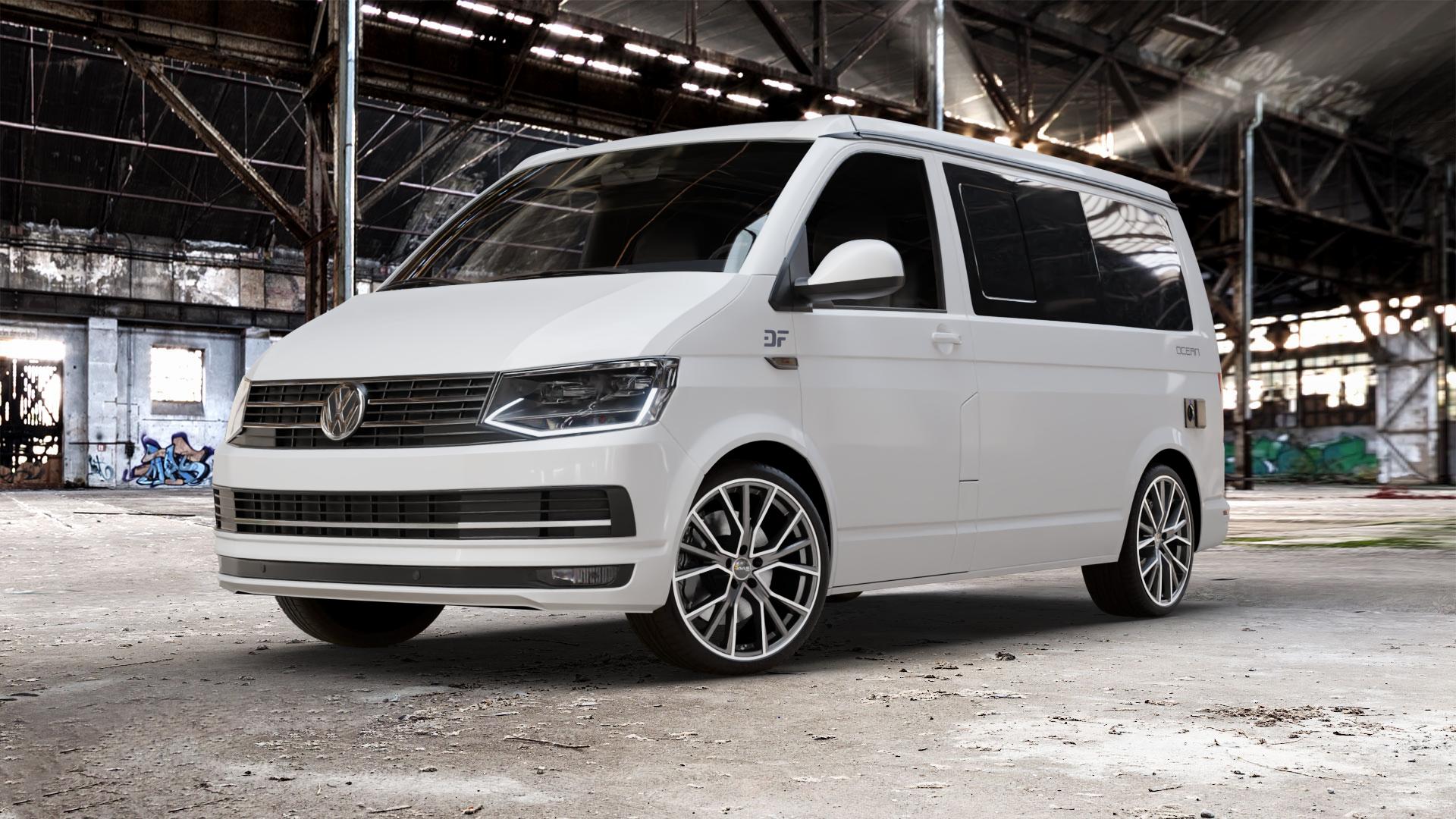 AVUS Racing AF18 MATT ANTHRACITE POLISHED Felge mit Reifen grau anthrazit in 20Zoll Alufelge auf weissem Volkswagen (VW) T6 California Beach ⬇️ mit 15mm Tieferlegung ⬇️ Old Industrial Hall_max_5300mm_2024 Frontansicht_1