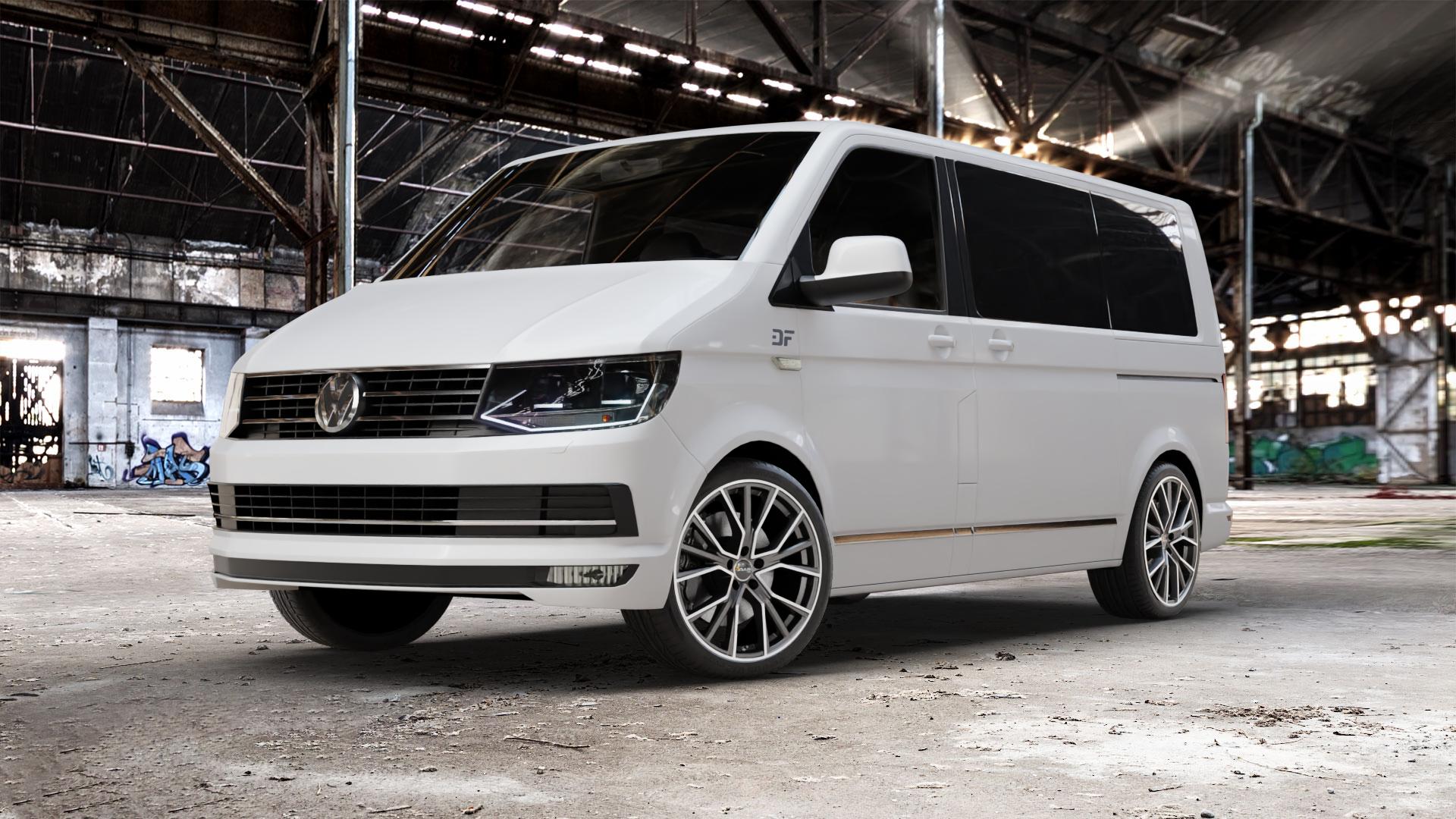 AVUS Racing AF18 MATT ANTHRACITE POLISHED Felge mit Reifen grau anthrazit in 20Zoll Alufelge auf weissem Volkswagen (VW) T6 Kombi Multivan Caravelle ⬇️ mit 15mm Tieferlegung ⬇️ Old Industrial Hall_max_5300mm_2024 Frontansicht_1