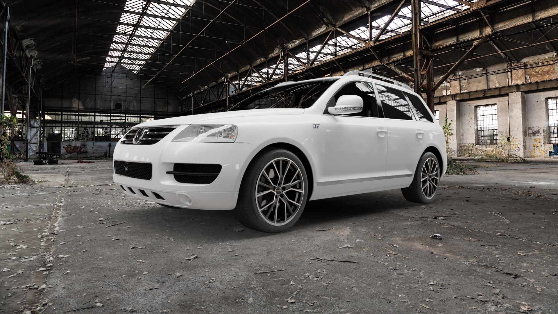 AVUS Racing AF18 MATT ANTHRACITE POLISHED Felge mit Reifen grau anthrazit in 20Zoll Alufelge auf weissem Volkswagen (VW) Touareg I Typ 7L ⬇️ mit 15mm Tieferlegung ⬇️ Old Industrial Hall_max5000mm_2022 Frontansicht_1