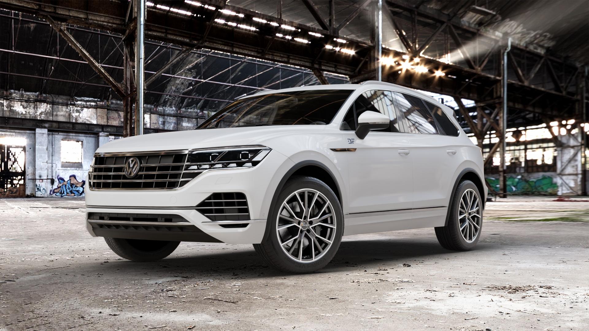 AVUS Racing AF18 MATT ANTHRACITE POLISHED Felge mit Reifen grau anthrazit in 20Zoll Alufelge auf weissem Volkswagen (VW) Touareg III Typ CR ⬇️ mit 15mm Tieferlegung ⬇️ Old Industrial Hall_max_5300mm_2024 Frontansicht_1