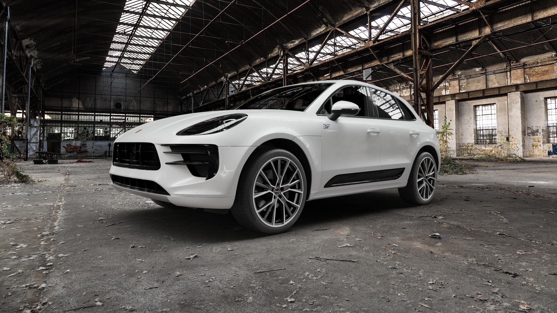 AVUS Racing AF18 MATT ANTHRACITE POLISHED Felge mit Reifen grau anthrazit in 21Zoll Alufelge auf weissem Porsche Macan Typ 95B Facelift ⬇️ mit 15mm Tieferlegung ⬇️ Old Industrial Hall_max5000mm_2022 Frontansicht_1