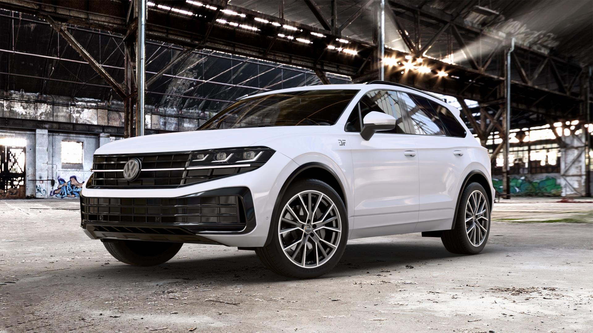 AVUS Racing AF18 MATT ANTHRACITE POLISHED Felge mit Reifen grau anthrazit in 21Zoll Alufelge auf weissem Volkswagen (VW) Touareg III Typ CR Facelift ⬇️ mit 15mm Tieferlegung ⬇️ Old Industrial Hall_max_5300mm_2024 Frontansicht_1