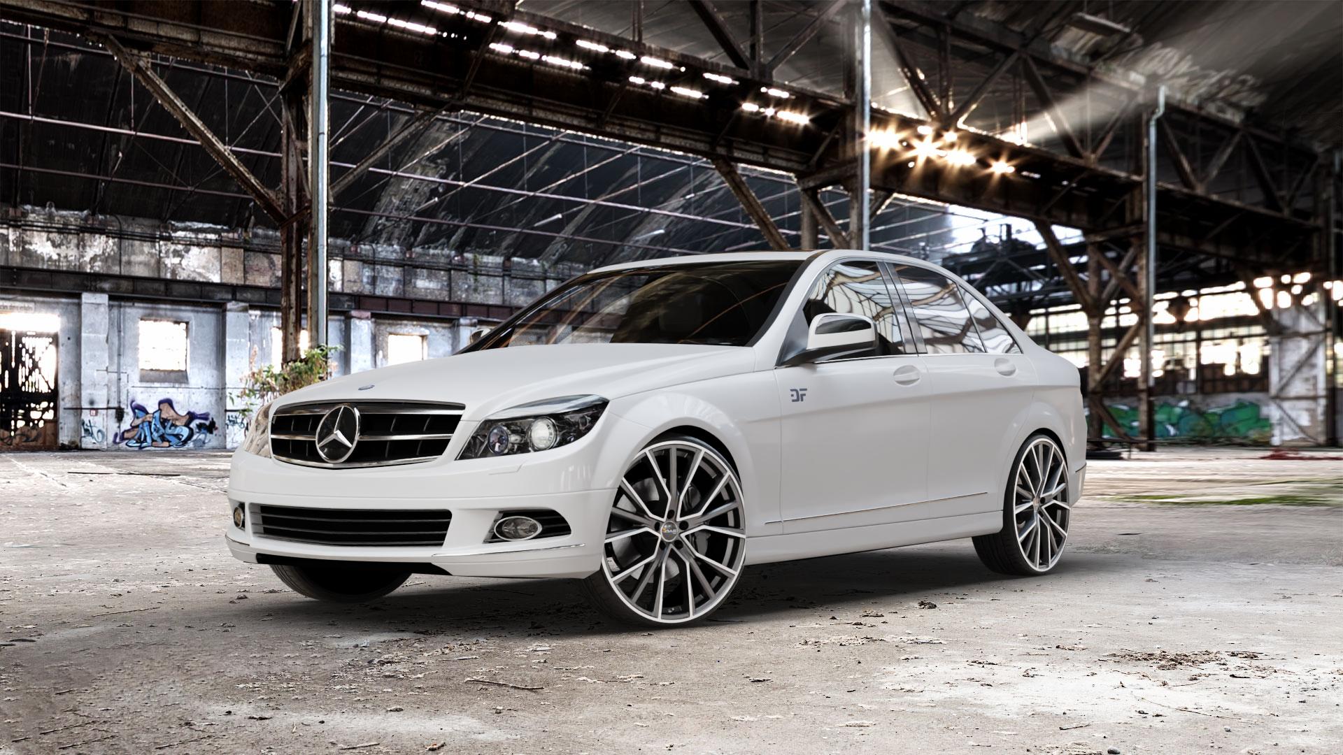 AVUS Racing AF18 MATT ANTHRACITE POLISHED Felge mit Reifen grau anthrazit in 22Zoll Alufelge auf weissem Mercedes C-Klasse Typ W204 Limousine ⬇️ mit 15mm Tieferlegung ⬇️ Old Industrial Hall_max_5300mm_2024 Frontansicht_1