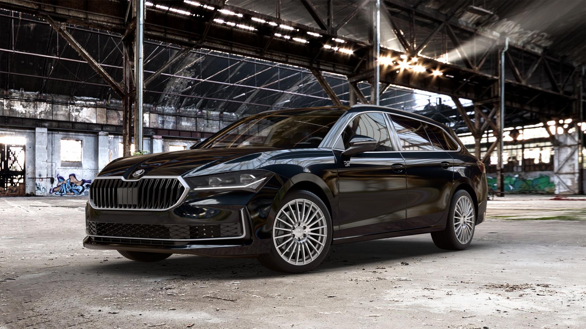 AXXION AX5 Daytona Grau Hochglanzpoliert Felge mit Reifen silber mehrfarbig in 18Zoll Winterfelge Alufelge auf schwarzem metallic Skoda Superb IV Kombi Typ NZ 1,5l TSI 110kW Mild-Hybrid (150 PS) Hybrid 2,0l TDI 4x4 142kW (193 195kW (265 ⬇️ mit 15mm Tieferlegung ⬇️ Old Industrial Hall_max_5300mm_2024 Frontansicht_1
