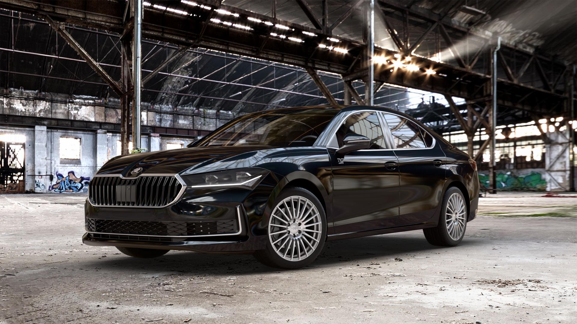 AXXION AX5 Daytona Grau Hochglanzpoliert Felge mit Reifen silber mehrfarbig in 18Zoll Winterfelge Alufelge auf schwarzem metallic Skoda Superb IV Typ NZ ⬇️ mit 15mm Tieferlegung ⬇️ Old Industrial Hall_max_5300mm_2024 Frontansicht_1