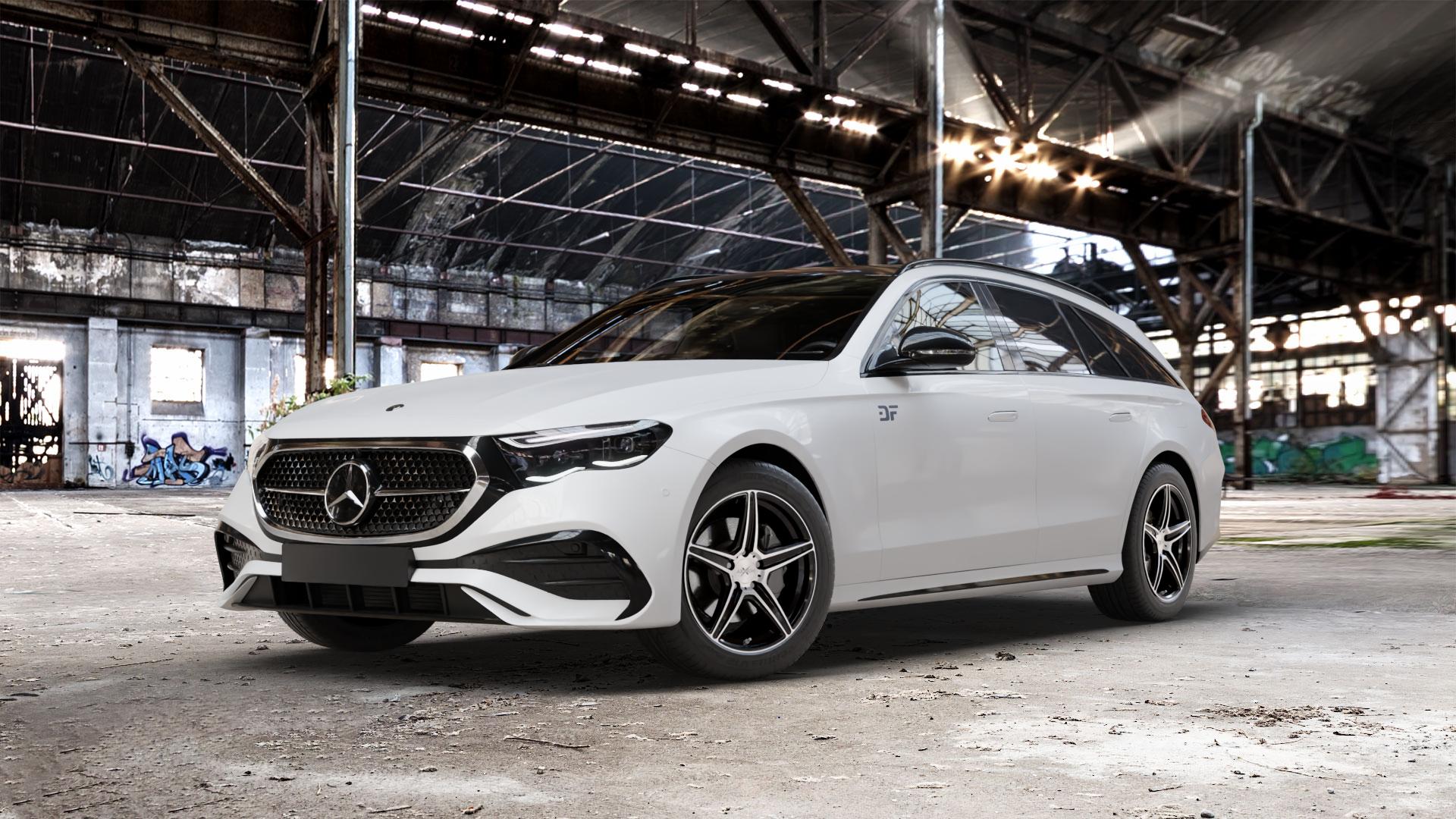 AXXION AX7 Schwarz Hochglanzpoliert Felge mit Reifen silber mehrfarbig in 18Zoll Winterfelge Alufelge auf weissem Mercedes E-Klasse Typ S214 Kombi (R2ES) ⬇️ mit 15mm Tieferlegung ⬇️ Old Industrial Hall_max_5300mm_2024 Frontansicht_1