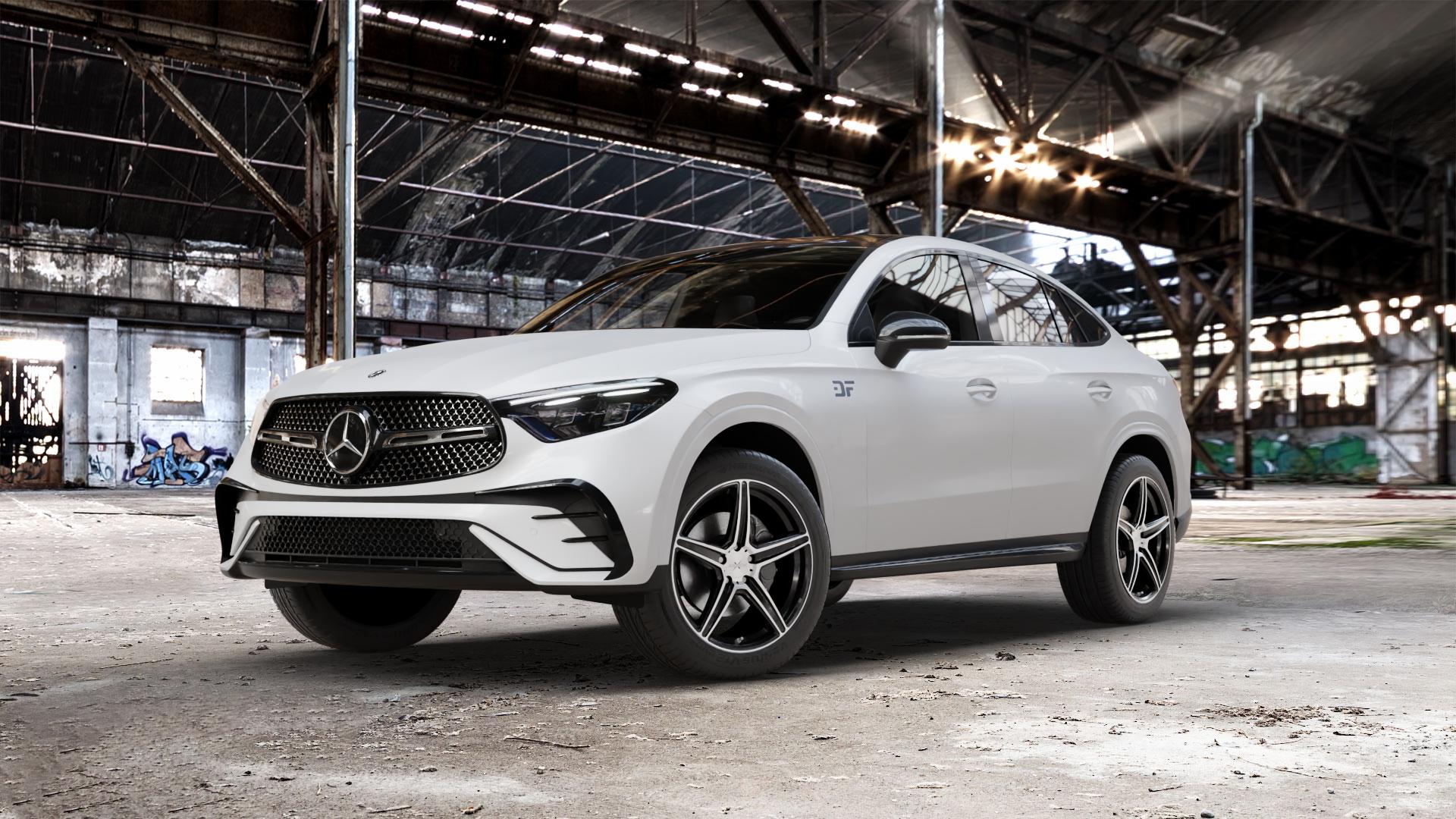 AXXION AX7 Schwarz Hochglanzpoliert Felge mit Reifen silber mehrfarbig in 19Zoll Winterfelge Alufelge auf weissem Mercedes GLC-Klasse Coupe Typ C254 ⬇️ mit 15mm Tieferlegung ⬇️ Old Industrial Hall_max_5300mm_2024 Frontansicht_1