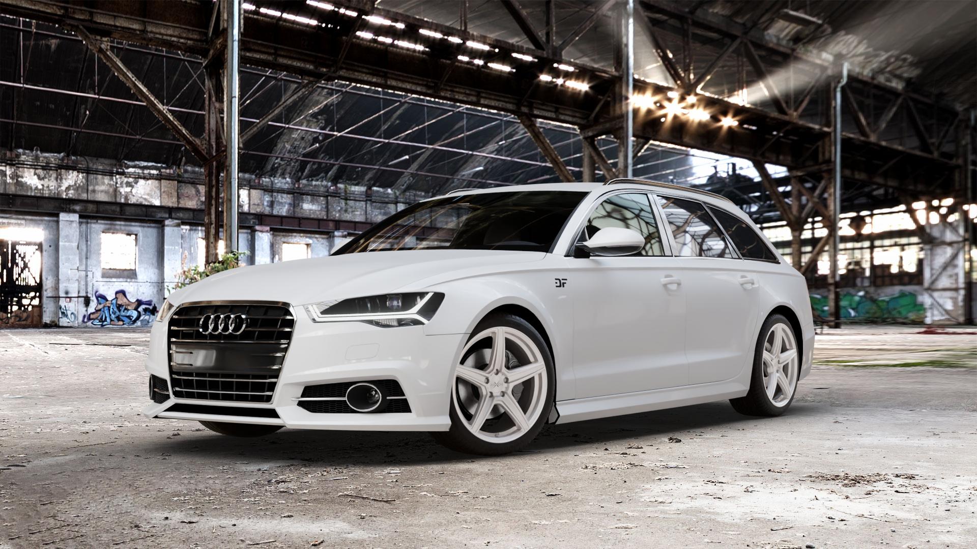 AXXION AX7 Solid Titanium Silber matt lackiert Felge mit Reifen grau in 19Zoll Winterfelge Alufelge auf weissem Audi A6 Typ 4G/C7 (Avant) Facelift ⬇️ mit 15mm Tieferlegung ⬇️ Old Industrial Hall_max_5300mm_2024 Frontansicht_1