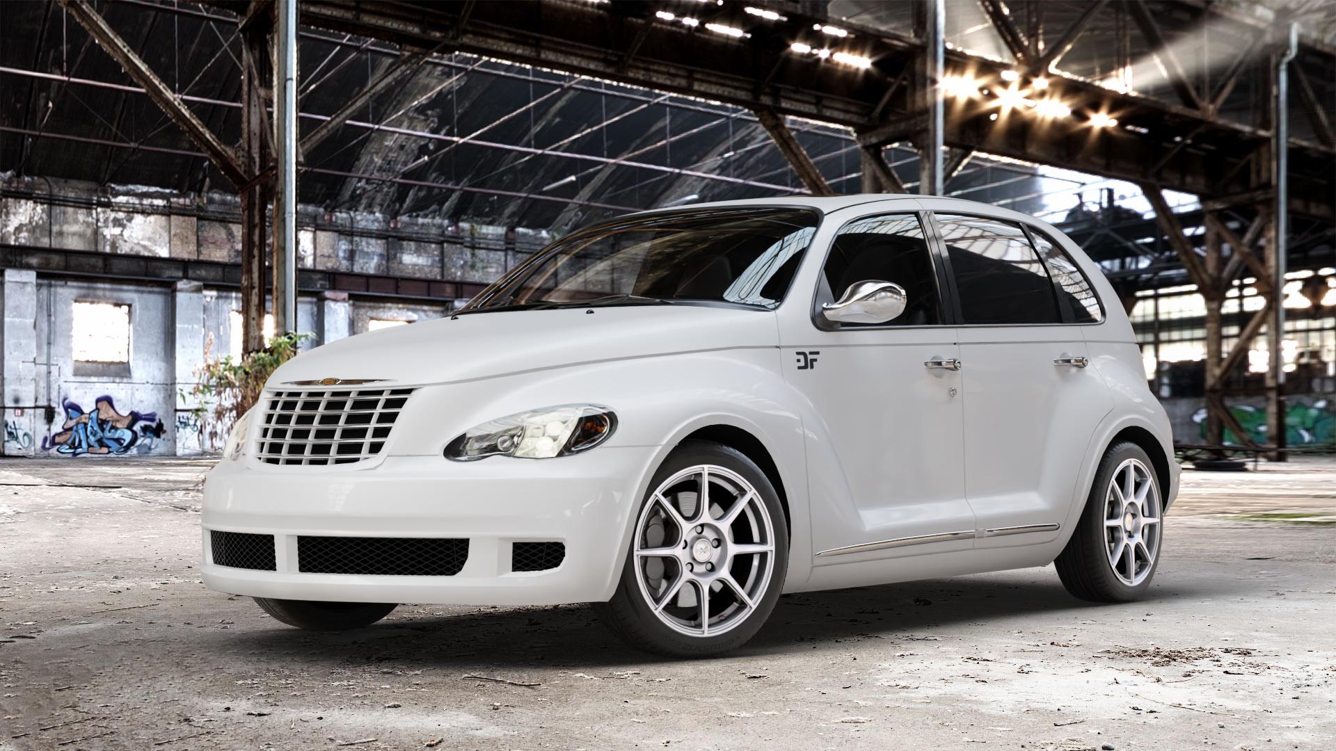 AXXION X2 Race Silber lackiert Felge mit Reifen in 17Zoll Alufelge auf weissem Chrysler PT Cruiser Cabriolet ⬇️ mit 15mm Tieferlegung ⬇️ Old Industrial Hall_max_4400mm_2024 Frontansicht_1