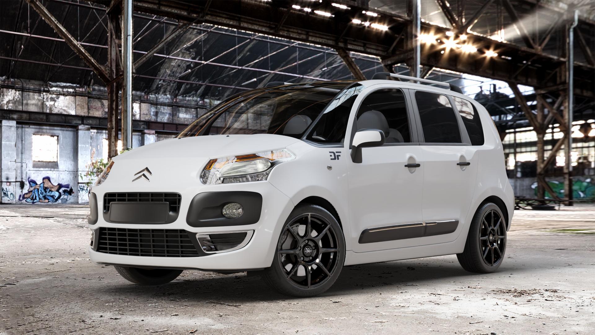 AXXION X2 Schwarz glänzend lackiert Felge mit Reifen in 17Zoll Alufelge auf weissem Citroen C3 Picasso ⬇️ mit 15mm Tieferlegung ⬇️ Old Industrial Hall_max_4400mm_2024 Frontansicht_1