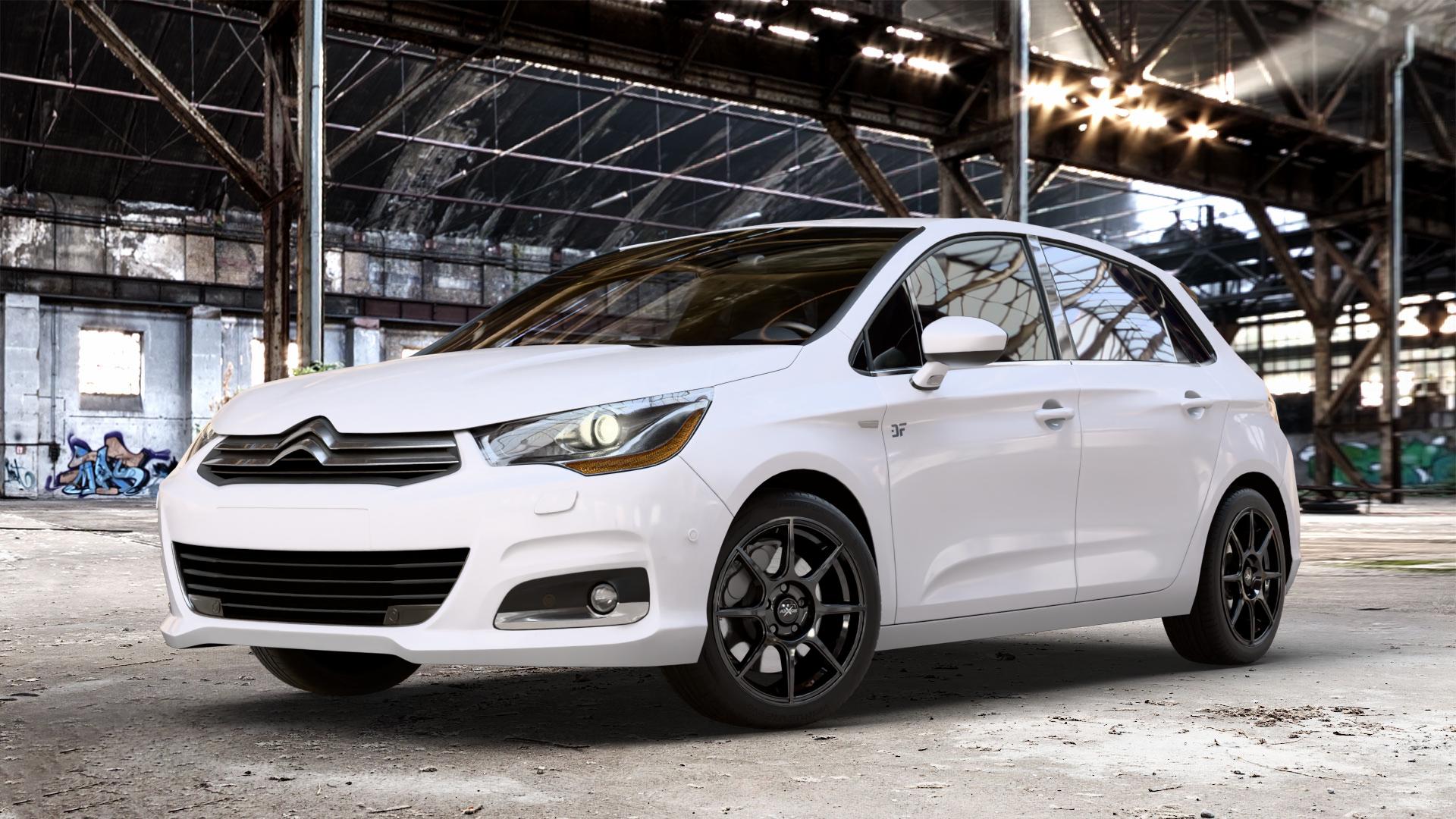 AXXION X2 Schwarz glänzend lackiert Felge mit Reifen in 17Zoll Alufelge auf weissem Citroen C4 Typ N ⬇️ mit 15mm Tieferlegung ⬇️ Old Industrial Hall_max_4400mm_2024 Frontansicht_1