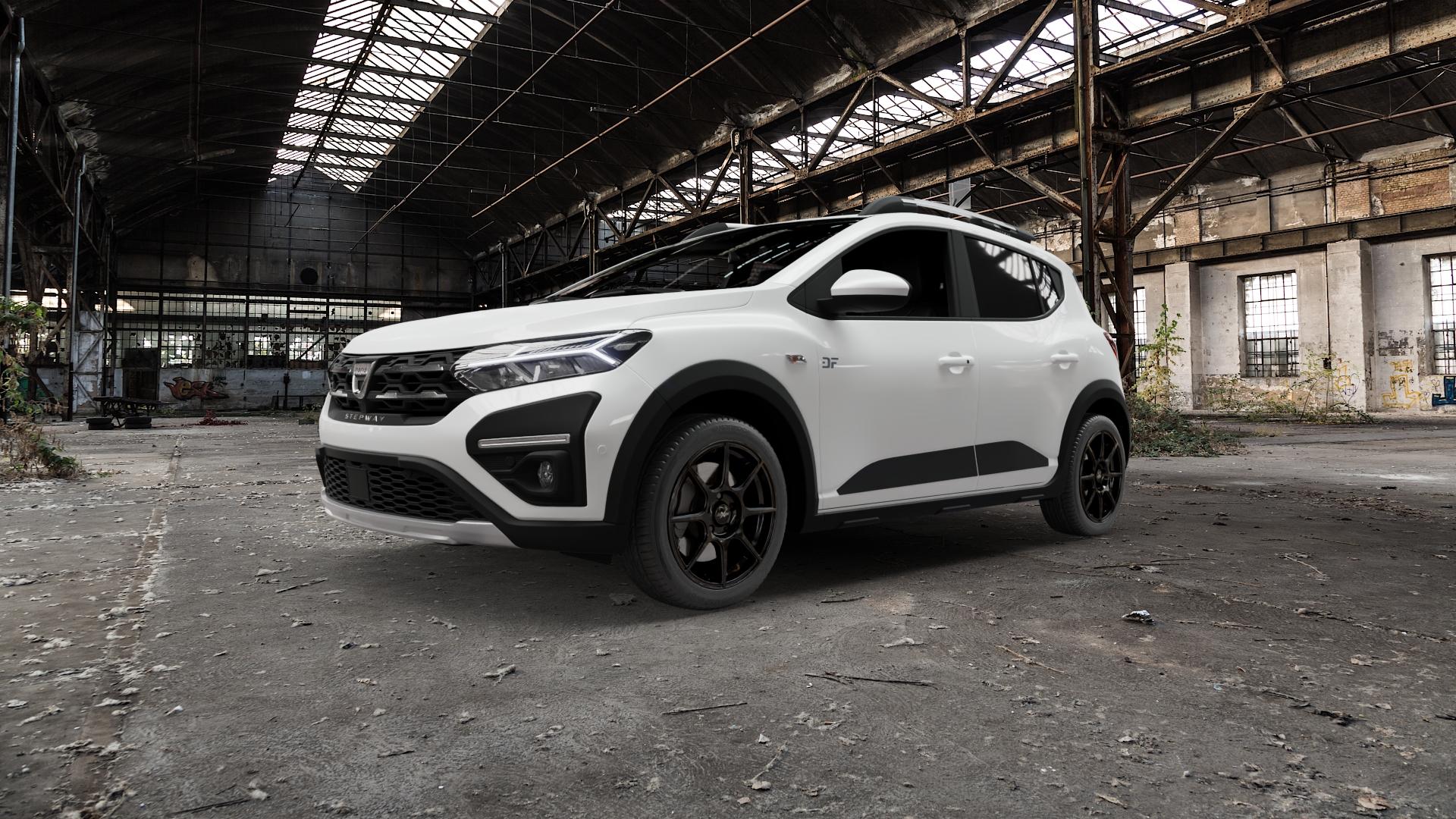 AXXION X2 Schwarz glänzend lackiert Felge mit Reifen in 17Zoll Alufelge auf weissem Dacia Sandero Stepway III Typ DJF ⬇️ mit 15mm Tieferlegung ⬇️ Old Industrial Hall_max5000mm_2022 Frontansicht_1