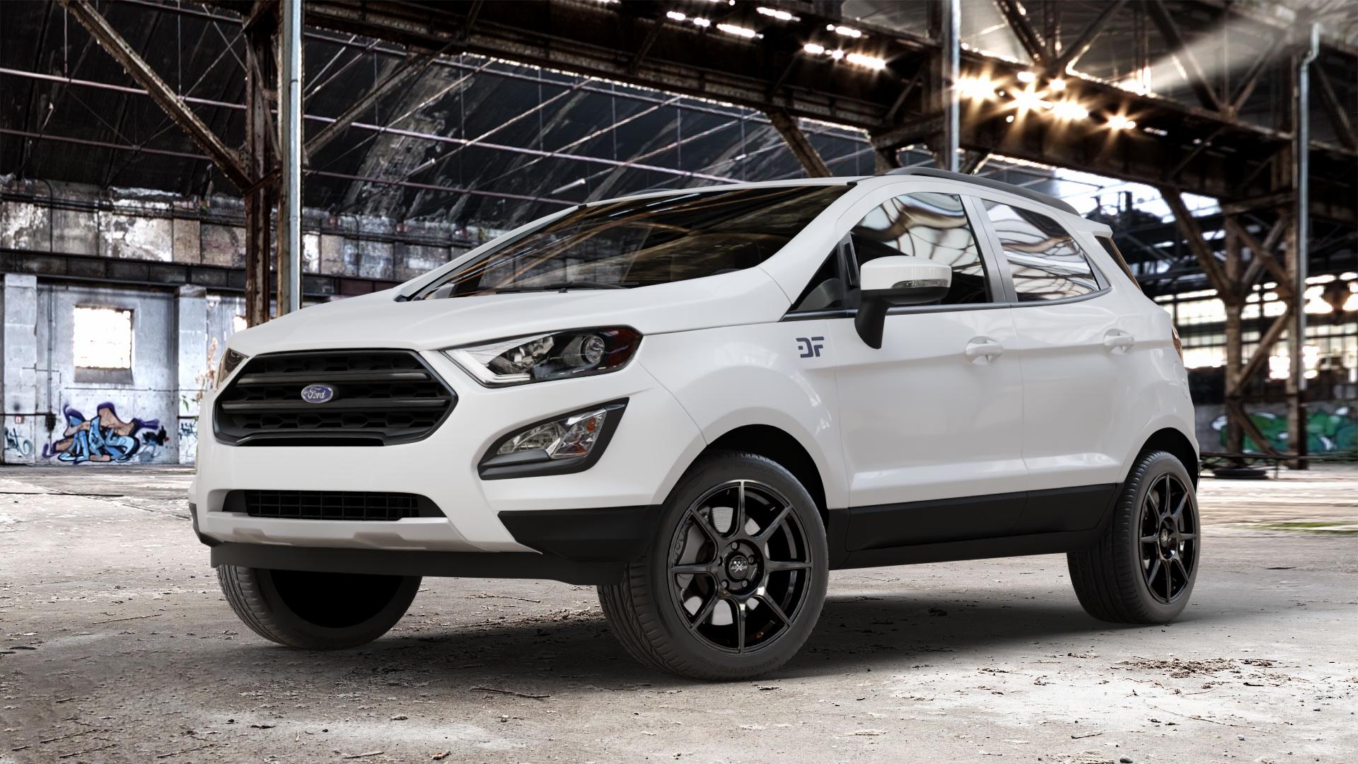 AXXION X2 Schwarz glänzend lackiert Felge mit Reifen in 17Zoll Alufelge auf weissem Ford EcoSport Typ JK8 Facelift ⬇️ mit 15mm Tieferlegung ⬇️ Old Industrial Hall_max_4400mm_2024 Frontansicht_1