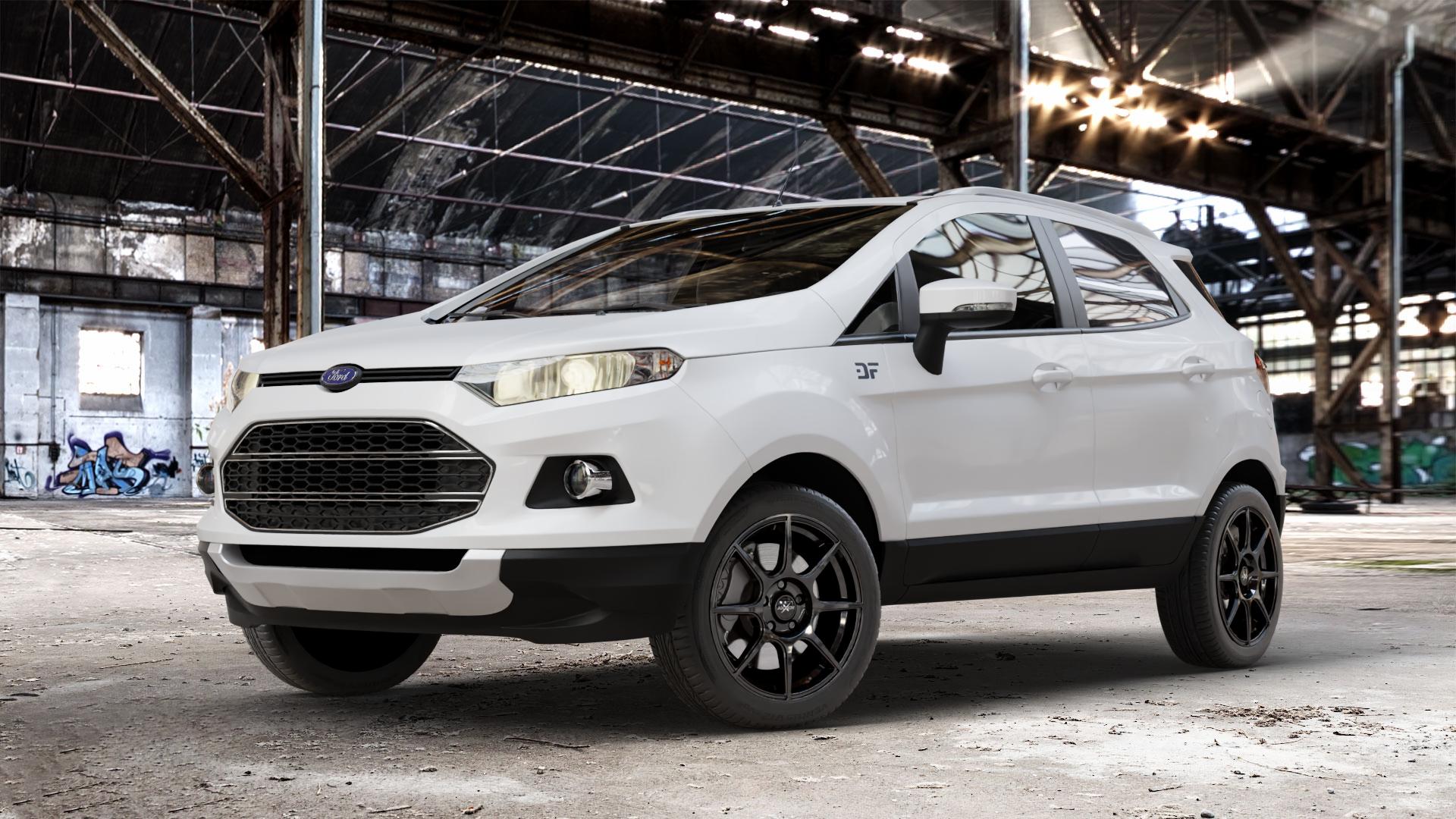 AXXION X2 Schwarz glänzend lackiert Felge mit Reifen in 17Zoll Alufelge auf weissem Ford EcoSport Typ JK8 ⬇️ mit 15mm Tieferlegung ⬇️ Old Industrial Hall_max_4400mm_2024 Frontansicht_1