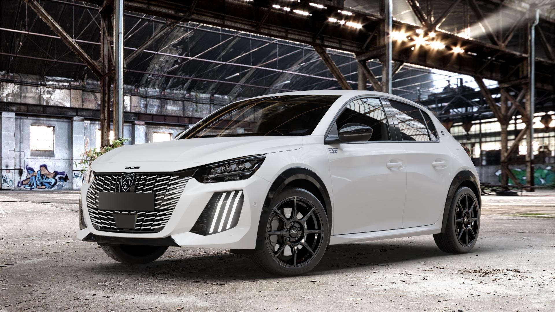 AXXION X2 Schwarz glänzend lackiert Felge mit Reifen in 17Zoll Alufelge auf weissem Peugeot 208 Typ U Facelift 0,0l e-208 62kW (84 PS) 57kW (77 ⬇️ mit 15mm Tieferlegung ⬇️ Old Industrial Hall_max_4400mm_2024 Frontansicht_1
