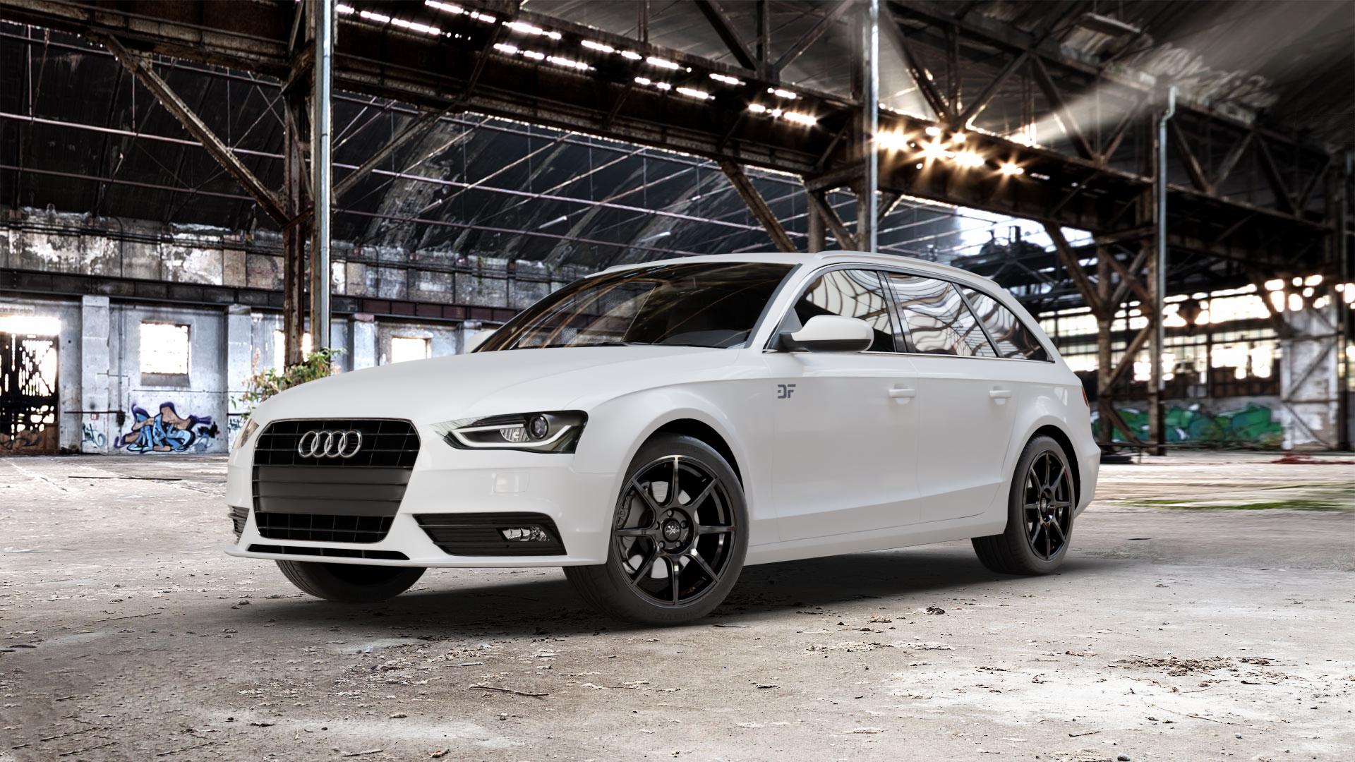 AXXION X2 Schwarz glänzend lackiert Felge mit Reifen in 18Zoll Alufelge auf weissem Audi A4 Typ 8K5/B8 (Avant) Facelift ⬇️ mit 15mm Tieferlegung ⬇️ Old Industrial Hall_max_5300mm_2024 Frontansicht_1