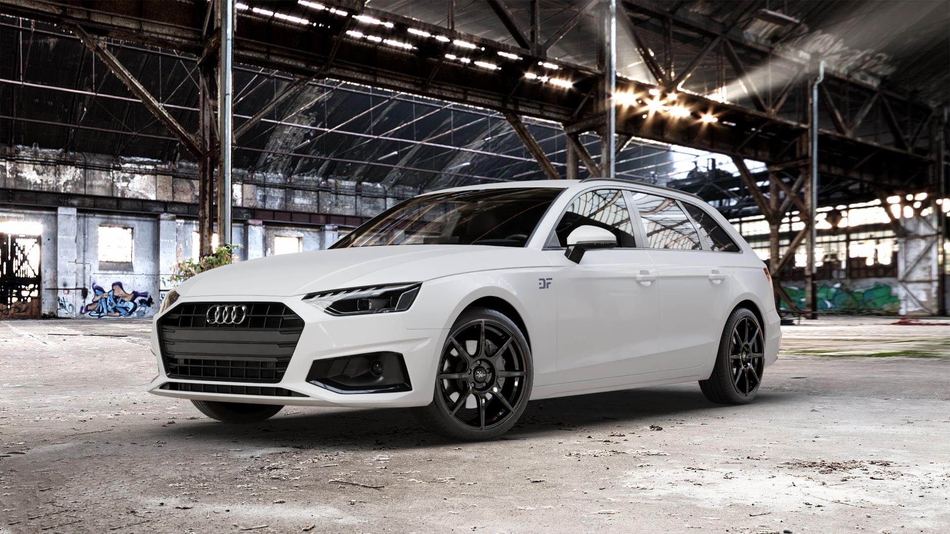 AXXION X2 Schwarz glänzend lackiert Felge mit Reifen in 19Zoll Alufelge auf weissem Audi A4 Typ B9 (Avant) Facelift ⬇️ mit 15mm Tieferlegung ⬇️ Old Industrial Hall_max_5300mm_2024 Frontansicht_1
