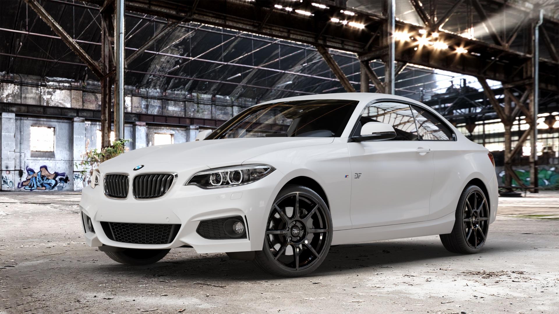AXXION X2 Schwarz glänzend lackiert Felge mit Reifen in 19Zoll Alufelge auf weissem BMW 2 M235i Typ F22 (Coupe) 3,0l 240kW (326 PS) xDrive M240i 250kW (340 ⬇️ mit 15mm Tieferlegung ⬇️ Old Industrial Hall_max_4400mm_2024 Frontansicht_1