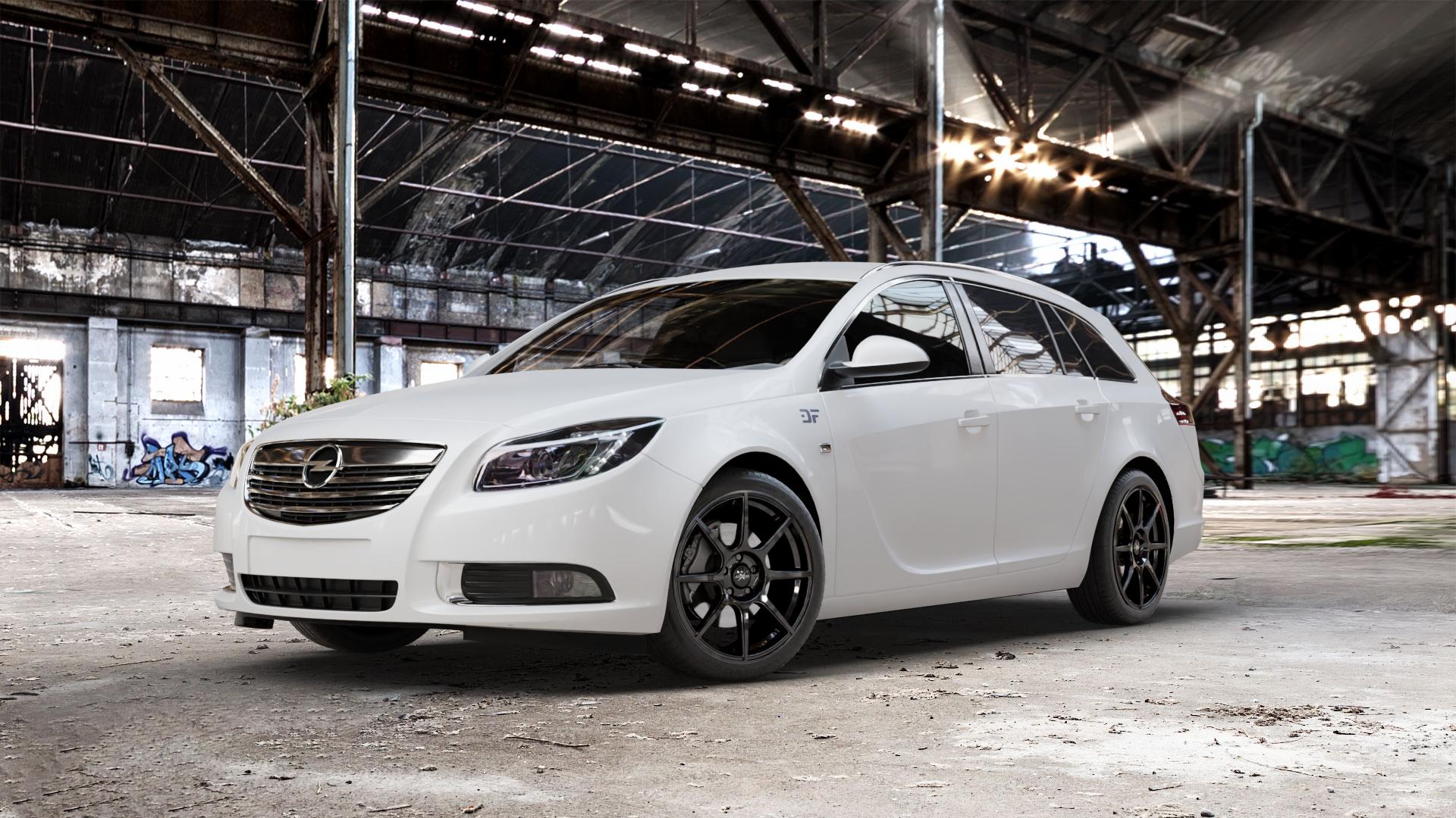 AXXION X2 Schwarz glänzend lackiert Felge mit Reifen in 19Zoll Alufelge auf weissem Opel Insignia I Sports Tourer Facelift ⬇️ mit 15mm Tieferlegung ⬇️ Old Industrial Hall_max_5300mm_2024 Frontansicht_1