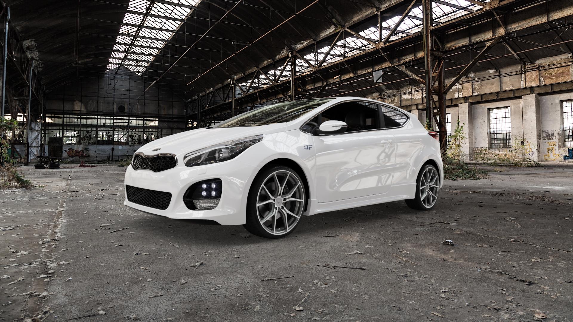 BARRACUDA Inferno Higloss-Gunmetal-polished Felge mit Reifen grau silber mehrfarbig in 19Zoll Alufelge auf weissem Kia Pro Cee d Typ JD Facelift ⬇️ mit 15mm Tieferlegung ⬇️ Old Industrial Hall_max5000mm_2022 Frontansicht_1