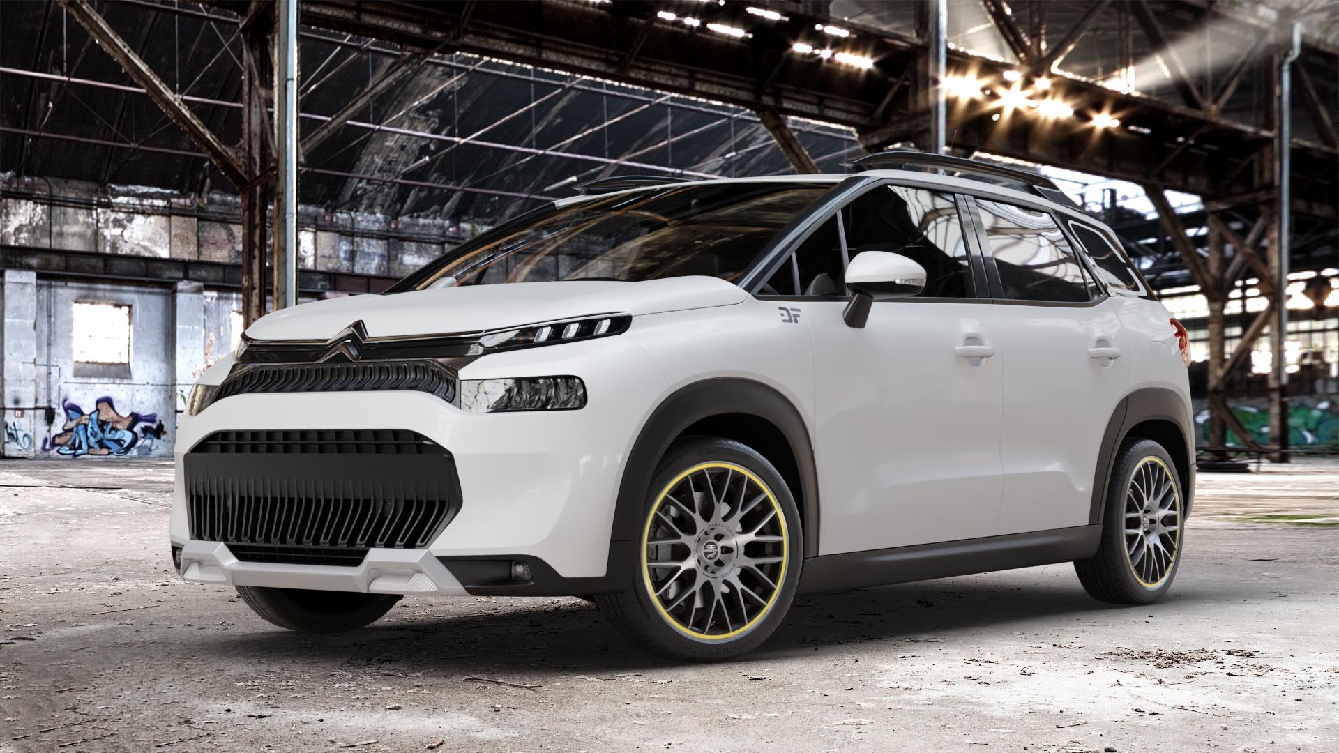BARRACUDA Karizzma Mattblack-polished / Color Trim gelb Felge mit Reifen silber schwarz farbige Outline mehrfarbig in 18Zoll Alufelge auf weissem Citroen C3 Aircross Typ 2 Facelift ⬇️ mit 15mm Tieferlegung ⬇️ Old Industrial Hall_max_4400mm_2024 Frontansicht_1