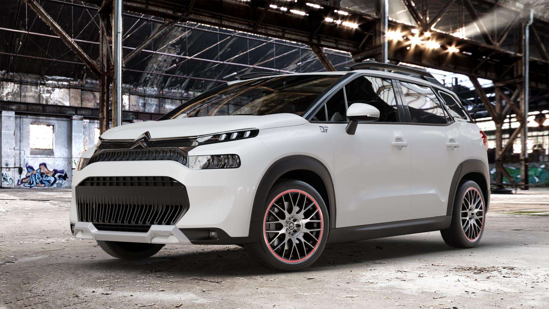 BARRACUDA Karizzma Mattblack-polished / Color Trim rot Felge mit Reifen silber schwarz farbige Outline mehrfarbig in 18Zoll Alufelge auf weissem Citroen C3 Aircross Typ 2 Facelift ⬇️ mit 15mm Tieferlegung ⬇️ Old Industrial Hall_max_4400mm_2024 Frontansicht_1