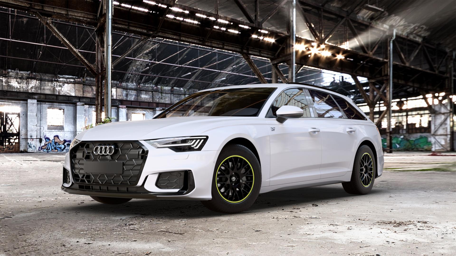 BARRACUDA Karizzma Mattblack Puresports / Color Trim gelb Felge mit Reifen schwarz farbige Outline mehrfarbig in 17Zoll Winterfelge Alufelge auf weissem Audi A6 Typ F2/C8 (Avant) Facelift 2,0l 35 TDI 120kW Mild-Hybrid (163 PS) 40 150kW (204 quattro TFSI 3,0l 45 180kW (245 195kW (265 50 210kW (286 e Hybrid 55 250k ⬇️ mit 15mm Tieferlegung ⬇️ Old Industrial Hall_max_5300mm_2024 Frontansicht_1