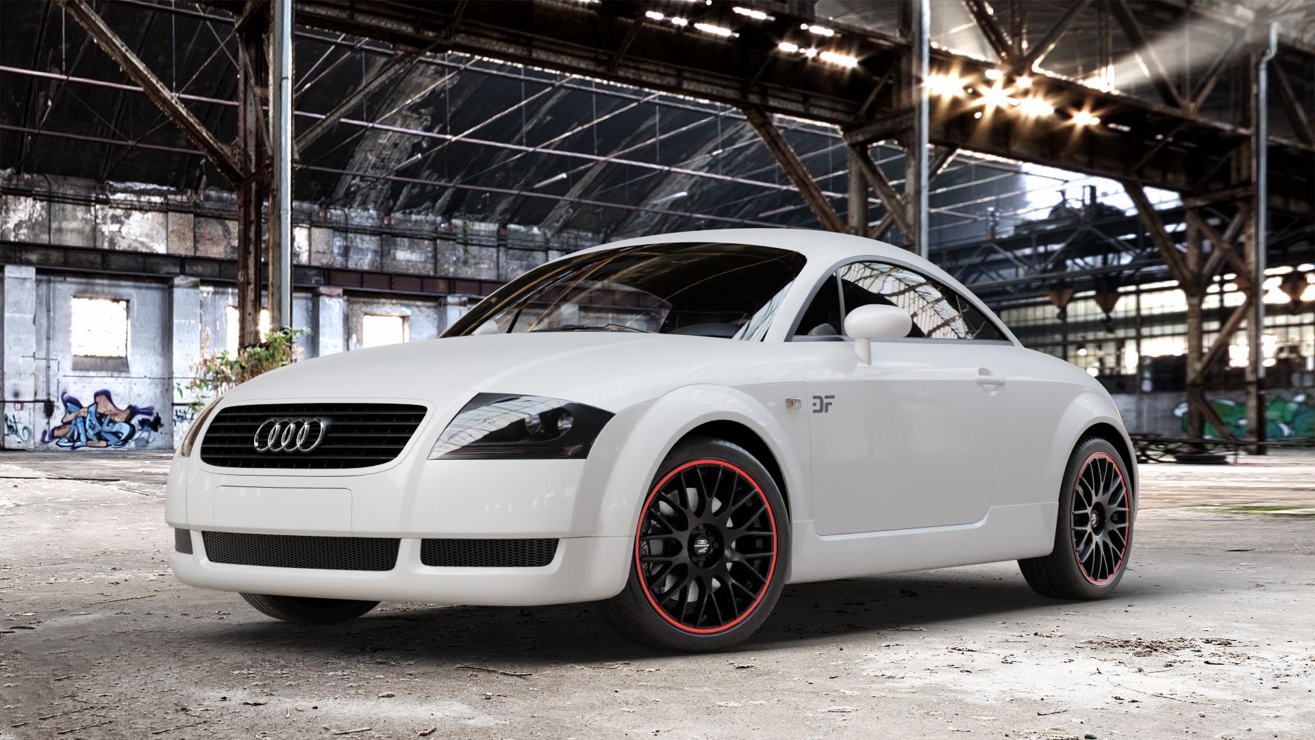 BARRACUDA Karizzma Mattblack Puresports / Color Trim rot Felge mit Reifen schwarz farbige Outline mehrfarbig schwarz matt in 18Zoll Winterfelge Alufelge auf weissem Audi TT I Typ 8N (Coupé) 1,8l T 110kW (150 PS) 132kW (179 120kW (163 140kW (190 quattro 165kW (224 176kW (239 3,2l VR6 184kW (250 ⬇️ mit 15mm Tieferlegung ⬇️ Old Industrial Hall_max_4400mm_2024 Frontansicht_1