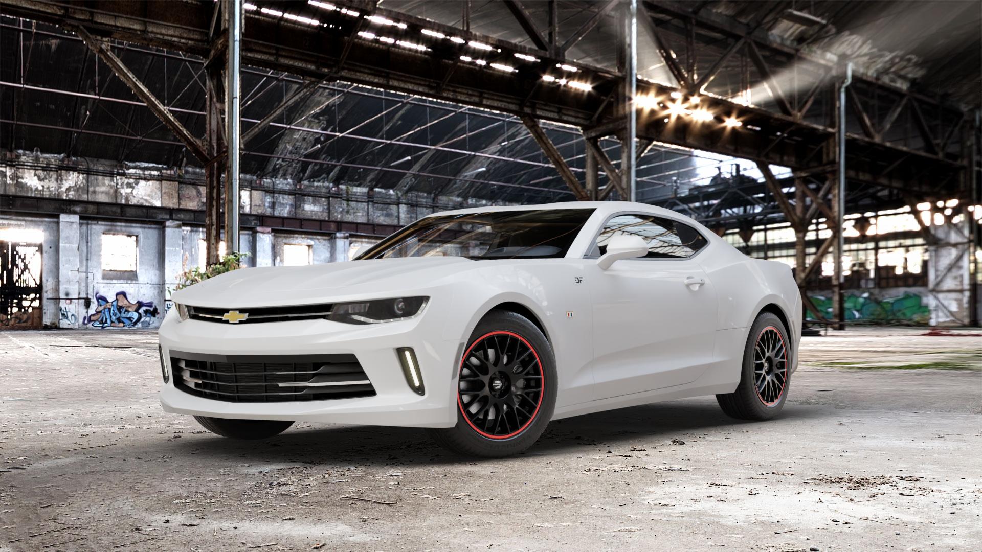 BARRACUDA Karizzma Mattblack Puresports / Color Trim rot Felge mit Reifen schwarz farbige Outline mehrfarbig schwarz matt in 18Zoll Winterfelge Alufelge auf weissem Chevrolet Camaro VI Typ A1XC 2,0l Turbo 202kW (275 PS) 6,2l ZL1 485kW (659 ⬇️ mit 15mm Tieferlegung ⬇️ Old Industrial Hall_max_5300mm_2024 Frontansicht_1