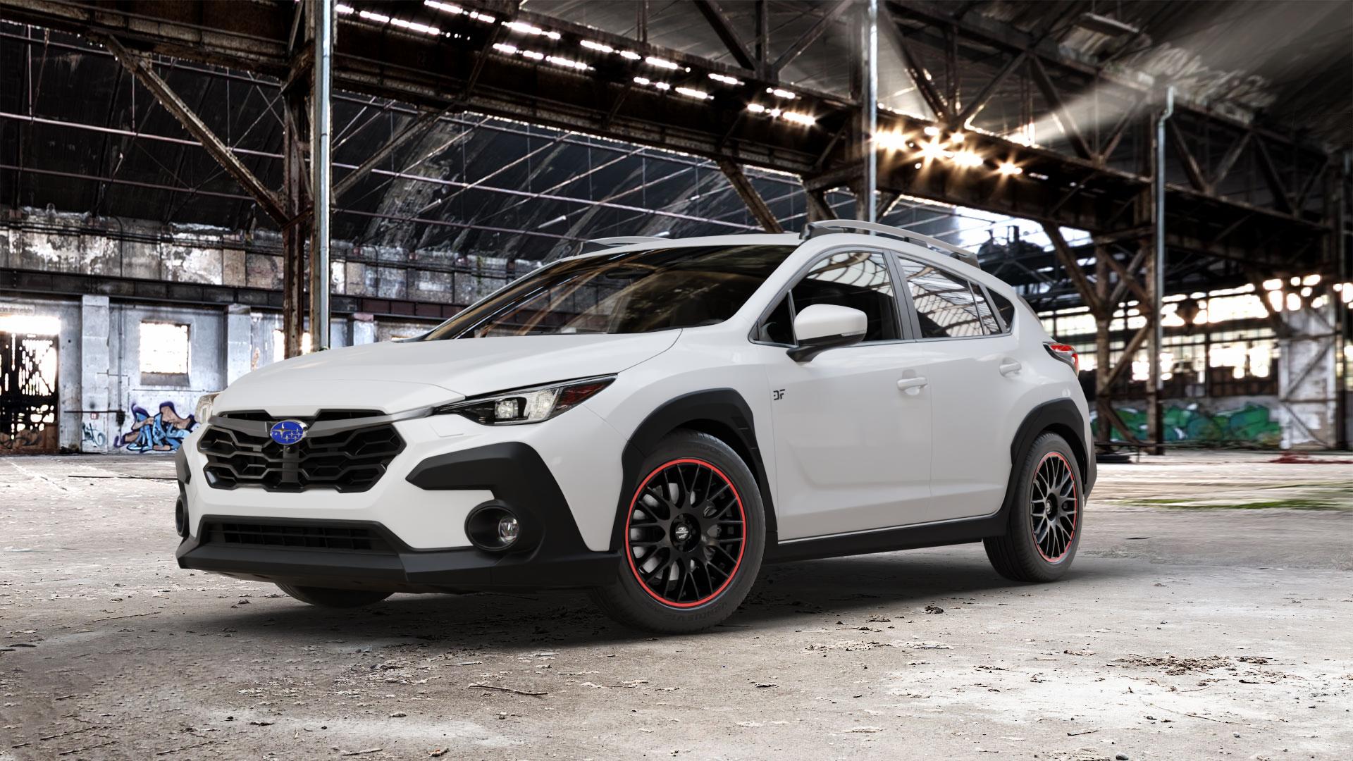 BARRACUDA Karizzma Mattblack Puresports / Color Trim rot Felge mit Reifen schwarz farbige Outline mehrfarbig schwarz matt in 18Zoll Winterfelge Alufelge auf weissem Subaru Crosstrek Typ G6-SS 2,0l 100kW Mild-Hybrid AWD (136 PS) ⬇️ mit 15mm Tieferlegung ⬇️ Old Industrial Hall_max_5300mm_2024 Frontansicht_1