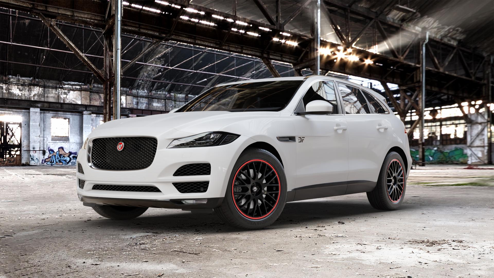 BARRACUDA Karizzma Mattblack Puresports / Color Trim rot Felge mit Reifen schwarz farbige Outline mehrfarbig schwarz matt in 20Zoll Winterfelge Alufelge auf weissem Jaguar F-Pace Typ DC ⬇️ mit 15mm Tieferlegung ⬇️ Old Industrial Hall_max_5300mm_2024 Frontansicht_1