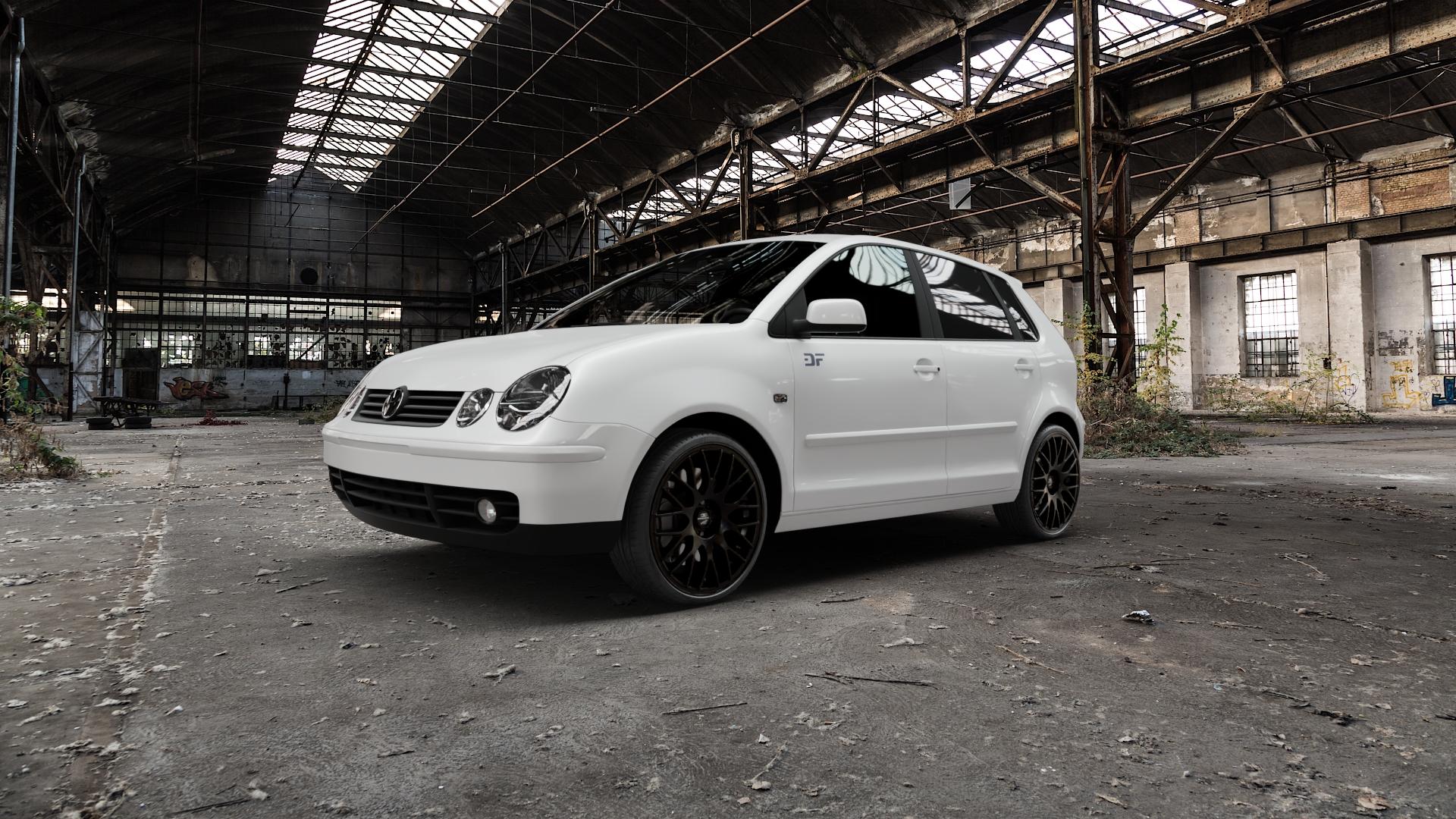 BARRACUDA Karizzma Mattblack Puresports Felge mit Reifen schwarz weiss schwarz matt in 18Zoll Winterfelge Alufelge auf weissem Volkswagen (VW) Polo IV Typ 9N/9N3 Cross 9N Stufenheck Fun ⬇️ mit 15mm Tieferlegung ⬇️ Old Industrial Hall_max5000mm_2022 Frontansicht_1