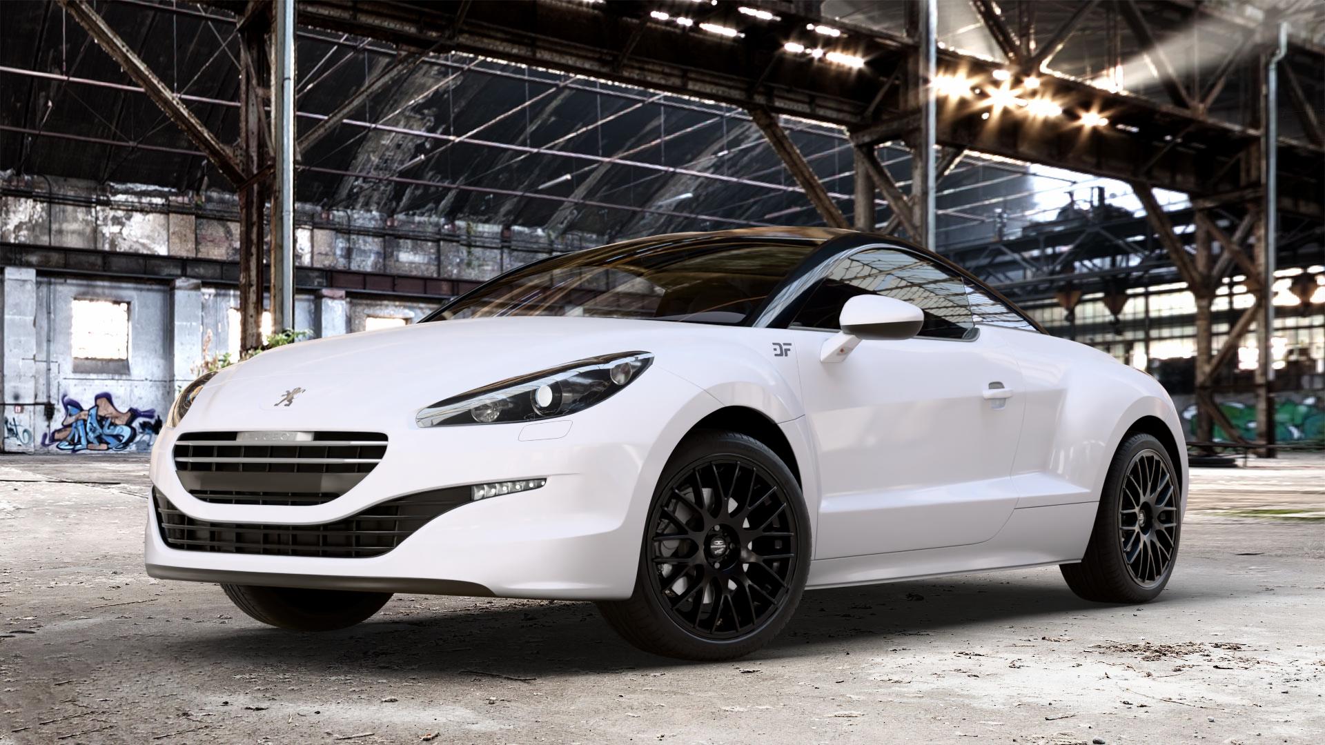 BARRACUDA Karizzma Mattblack Puresports Felge mit Reifen schwarz weiss schwarz matt in 19Zoll Winterfelge Alufelge auf weissem Peugeot RCZ Facelift ⬇️ mit 15mm Tieferlegung ⬇️ Old Industrial Hall_max_4400mm_2024 Frontansicht_1