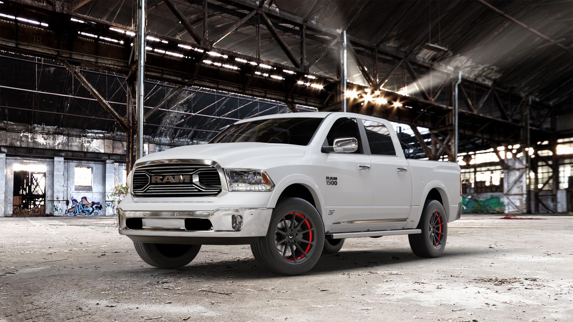 BARRACUDA Project 2.0 Mattgunmetal/ undercut Color Trim rot Felge mit Reifen grau farbige Outline mehrfarbig in 19Zoll Winterfelge Alufelge auf weissem Dodge RAM 1500 IV Typ DJ, DS ⬇️ mit 15mm Tieferlegung ⬇️ Old Industrial Hall_max_7000mm_2024 Frontansicht_1