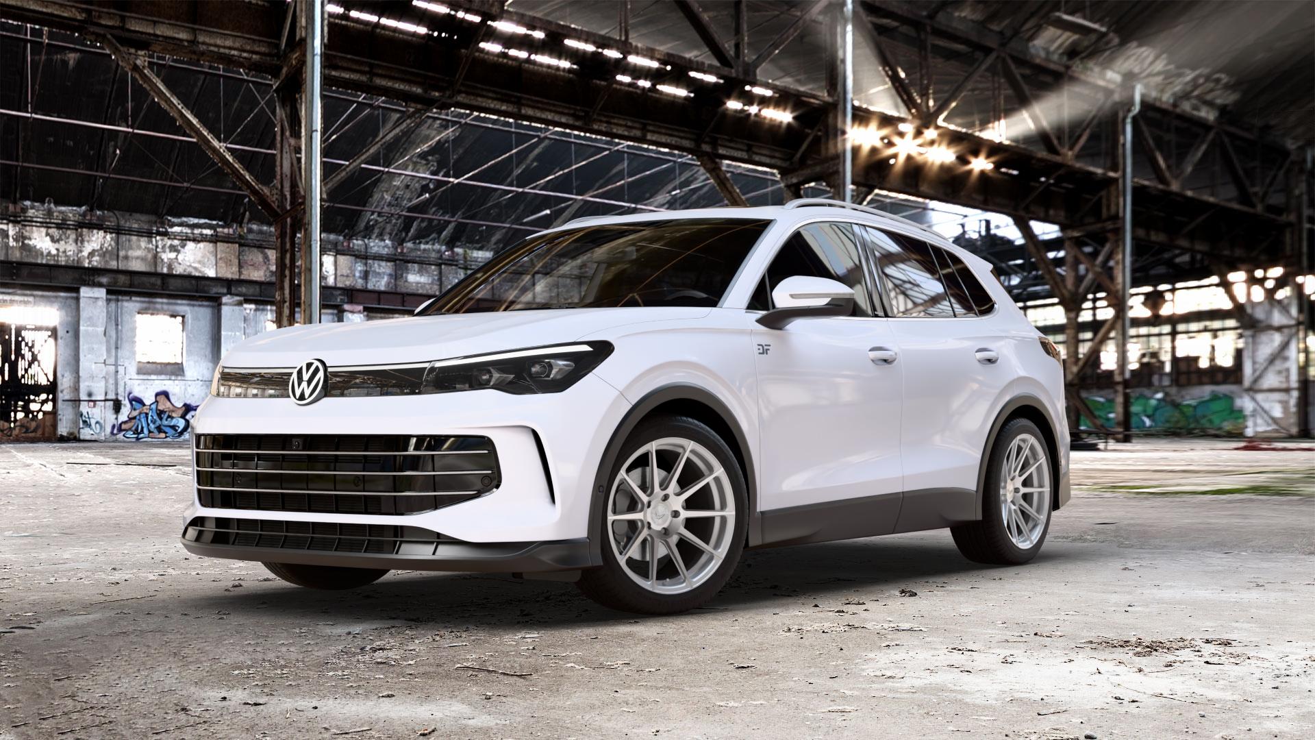 BARRACUDA Project 2.0 silver brushed Felge mit Reifen silber in 19Zoll Alufelge auf weissem Volkswagen (VW) Tiguan III Typ CT ⬇️ mit 15mm Tieferlegung ⬇️ Old Industrial Hall_max_5300mm_2024 Frontansicht_1