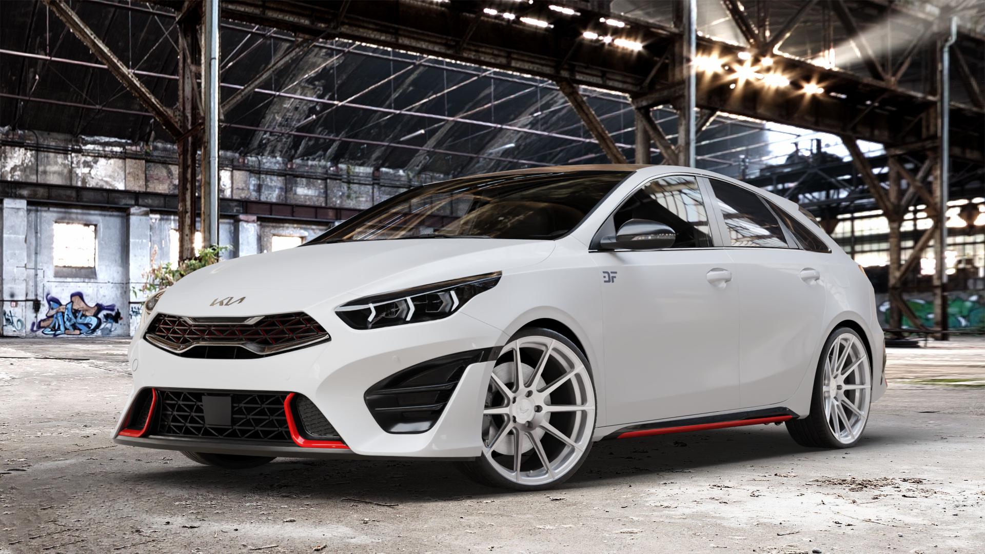 BARRACUDA Project 2.0 silver brushed Felge mit Reifen silber in 20Zoll Alufelge auf weissem Kia ProCeed Typ CD Facelift Pro Cee d ⬇️ mit 15mm Tieferlegung ⬇️ Old Industrial Hall_max_4400mm_2024 Frontansicht_1